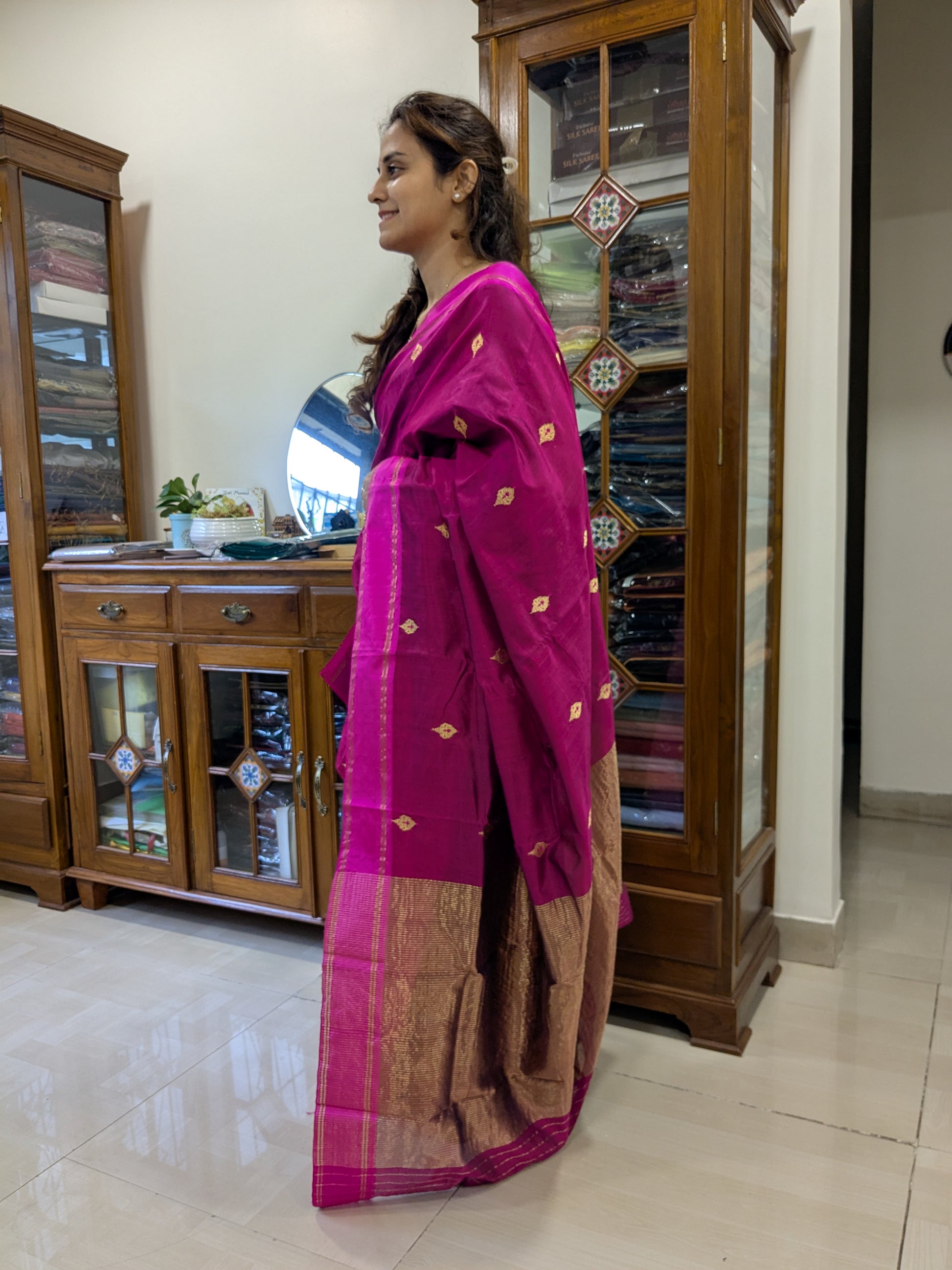 Side view showing soft drape and elegant texture of pure handloom weave.