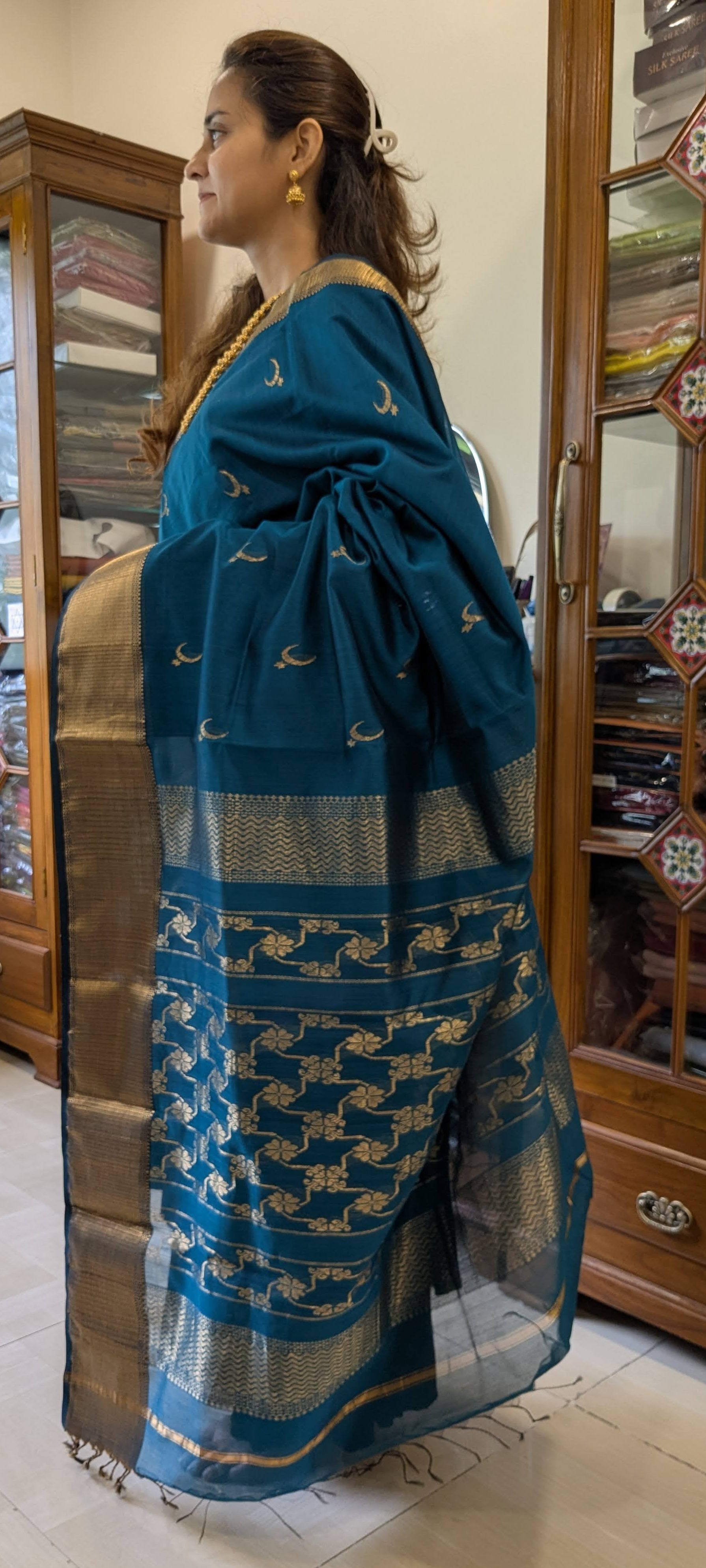 Side view highlighting the soft drape and sheen of silk-cotton fabric.