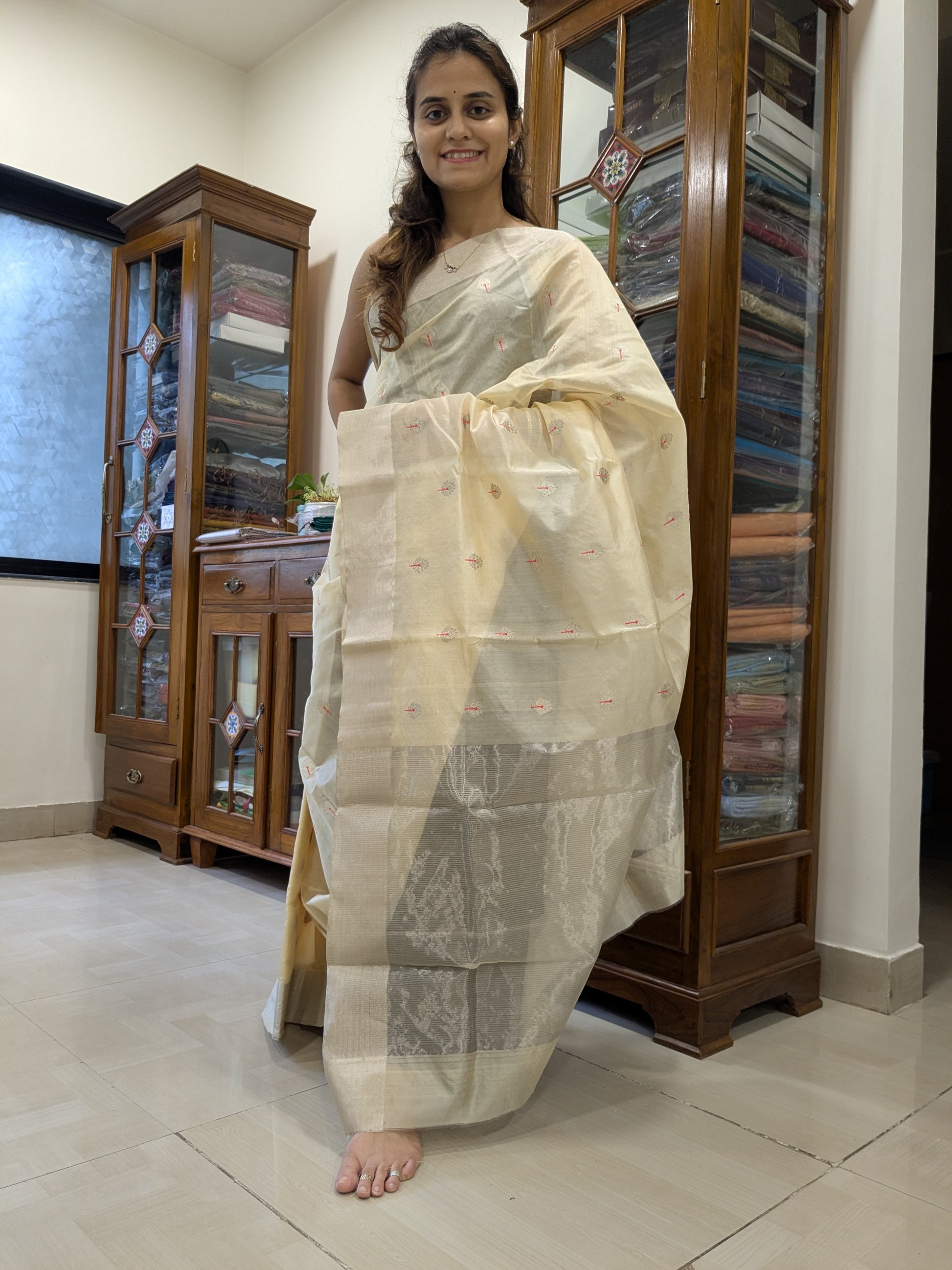 Full view highlighting the rich sheen and graceful drape of pure Chanderi silk.