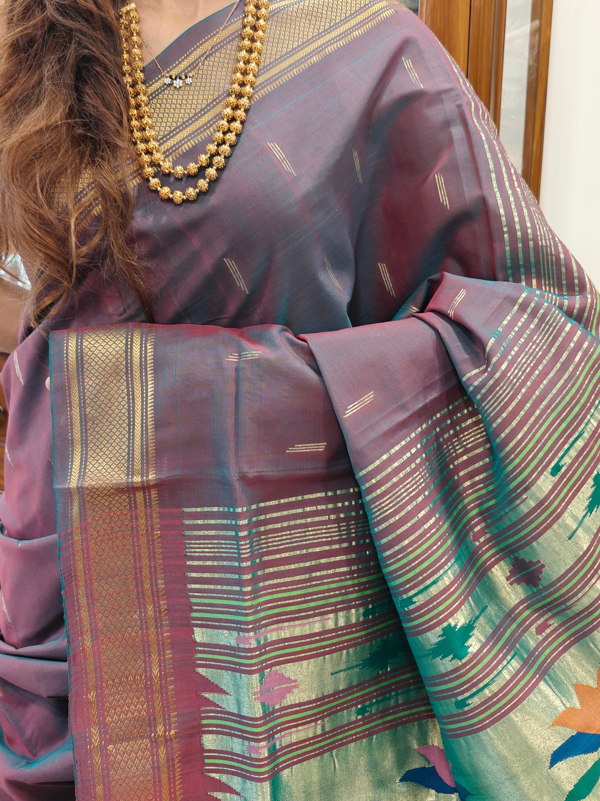 Cotton Paithani Reddish Green Dhoop Chhav Saree with Pichwai Padar