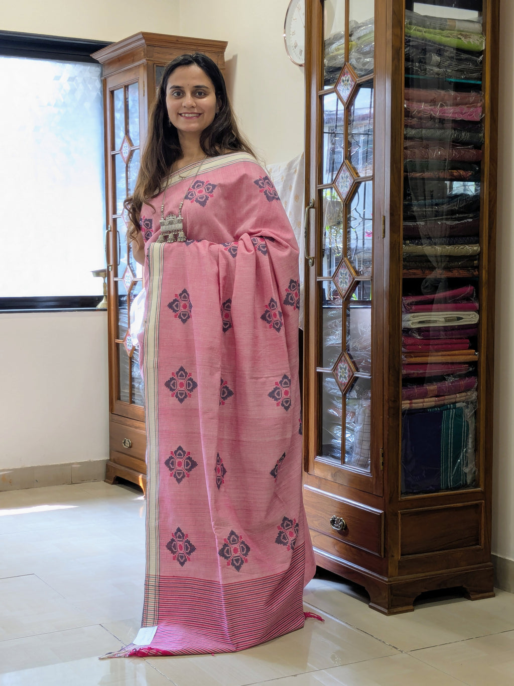 Bawan Butti Light Pink Cotton Saree