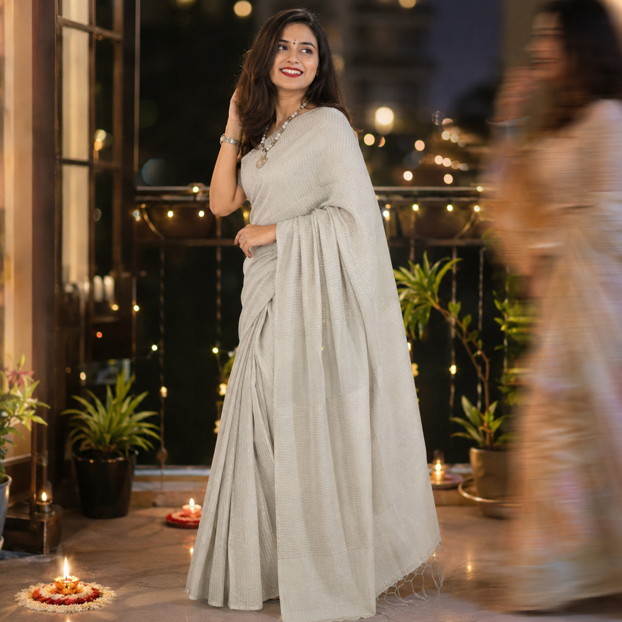 Silver Linen Tissue Jamdani Saree with Sequins