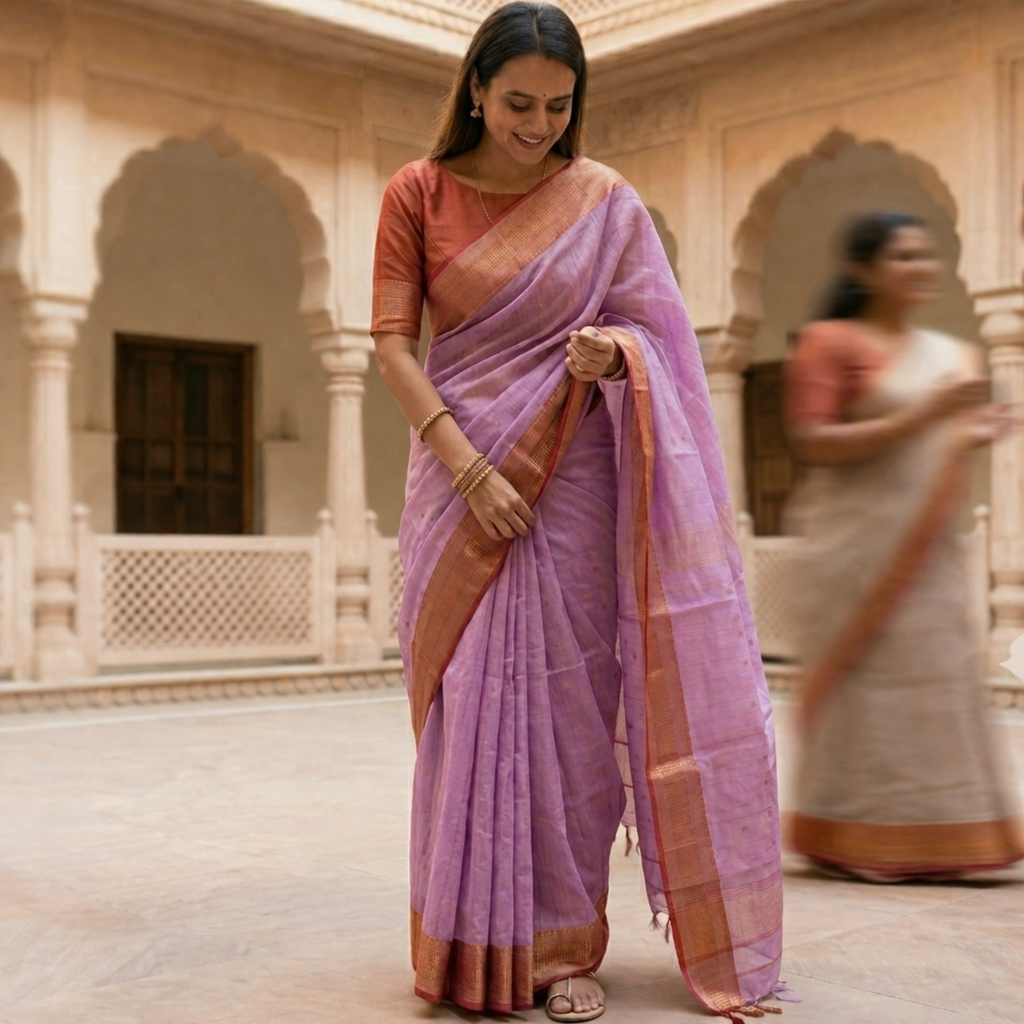 Maheshwari Silk Cotton Lavender Meena Butti Saree