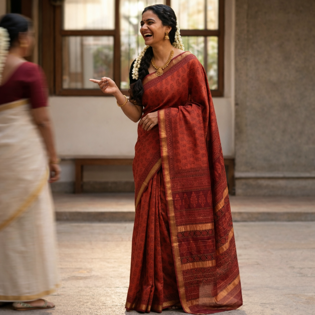 Maheshwari Red Handloom Bagh Handblock Print Saree