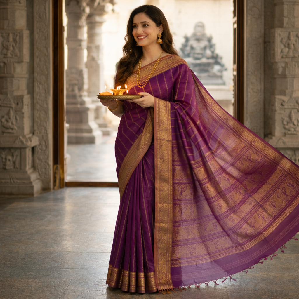 Magenta Kanjeevaram Silk Cotton Saree with Vertical Veldhari