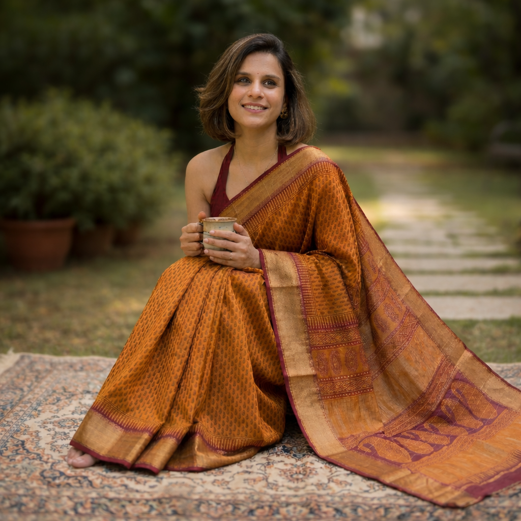 Maheshwari Rust Orange Handloom Bagh Handblock Print Saree