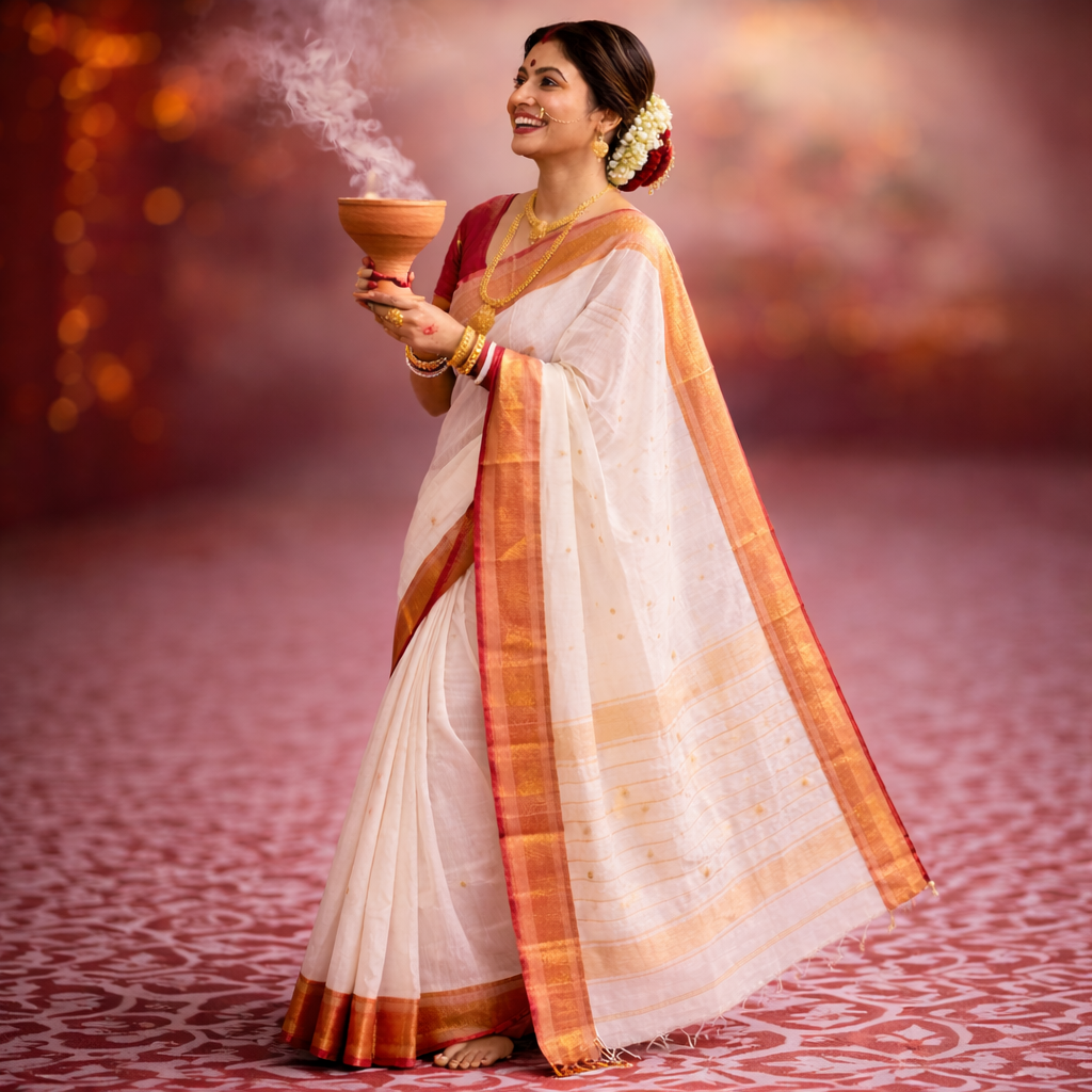 Maheshwari Silk Cotton White Meena Butti Saree