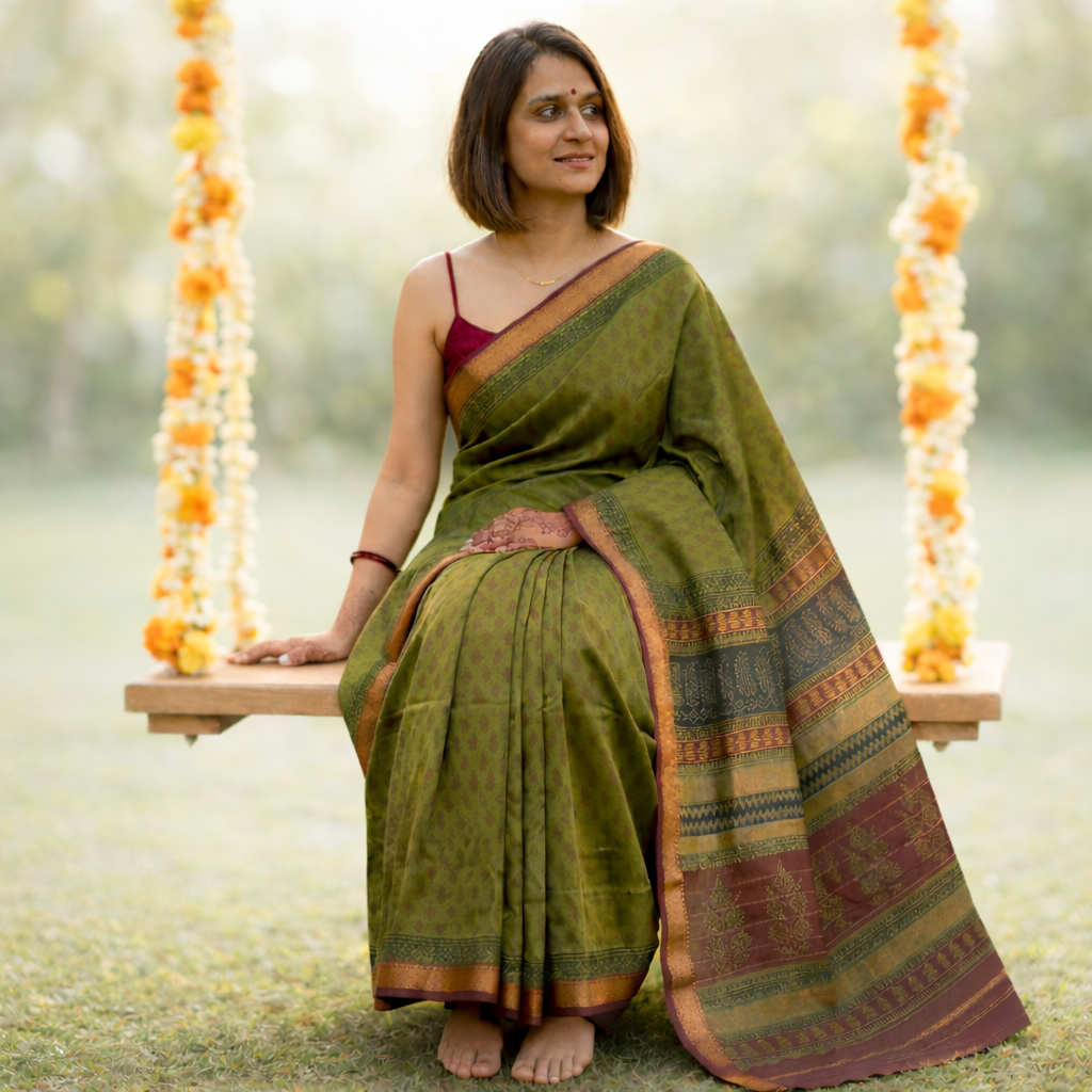 Maheshwari Mehendi Green Handloom Bagh Handblock Print Saree