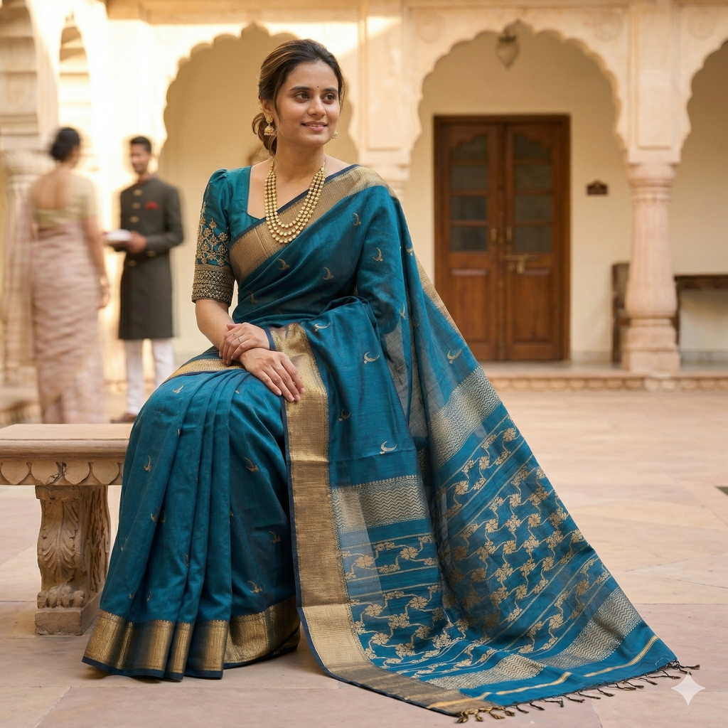 Chandrakala Maheshwari Ocean Blue Saree