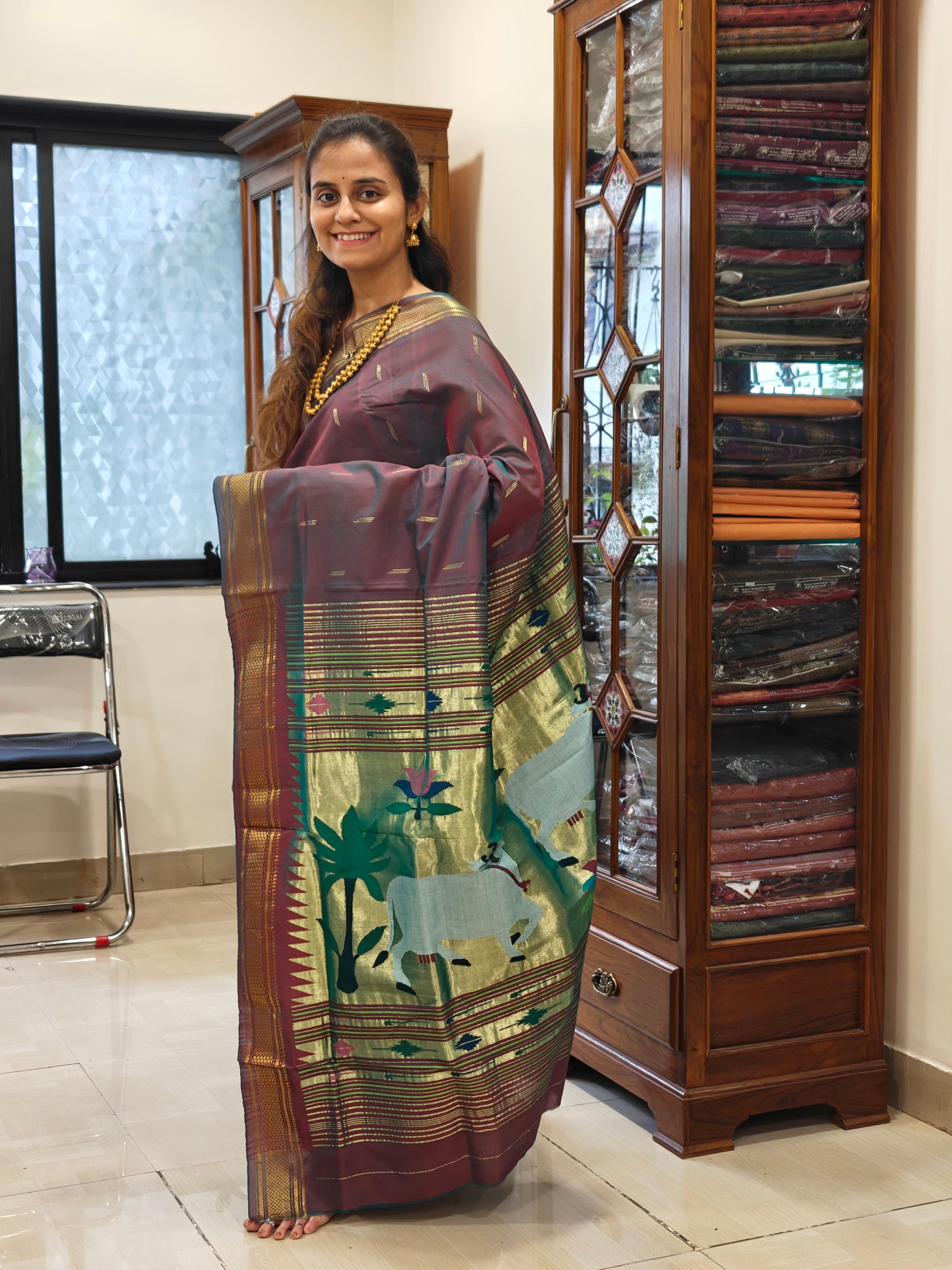 Cotton Paithani Reddish Green Dhoop Chhav Saree with Pichwai Padar