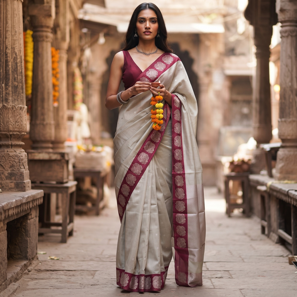 Grey Pure Silk Chanderi Saree with Meena Butti