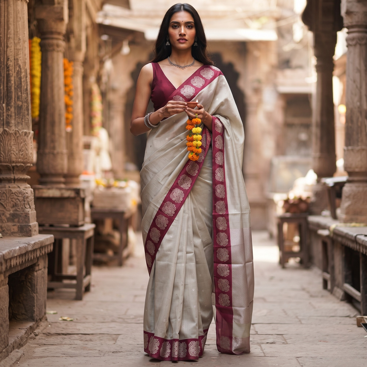 Grey Pure Silk Chanderi Saree with Meena Butti