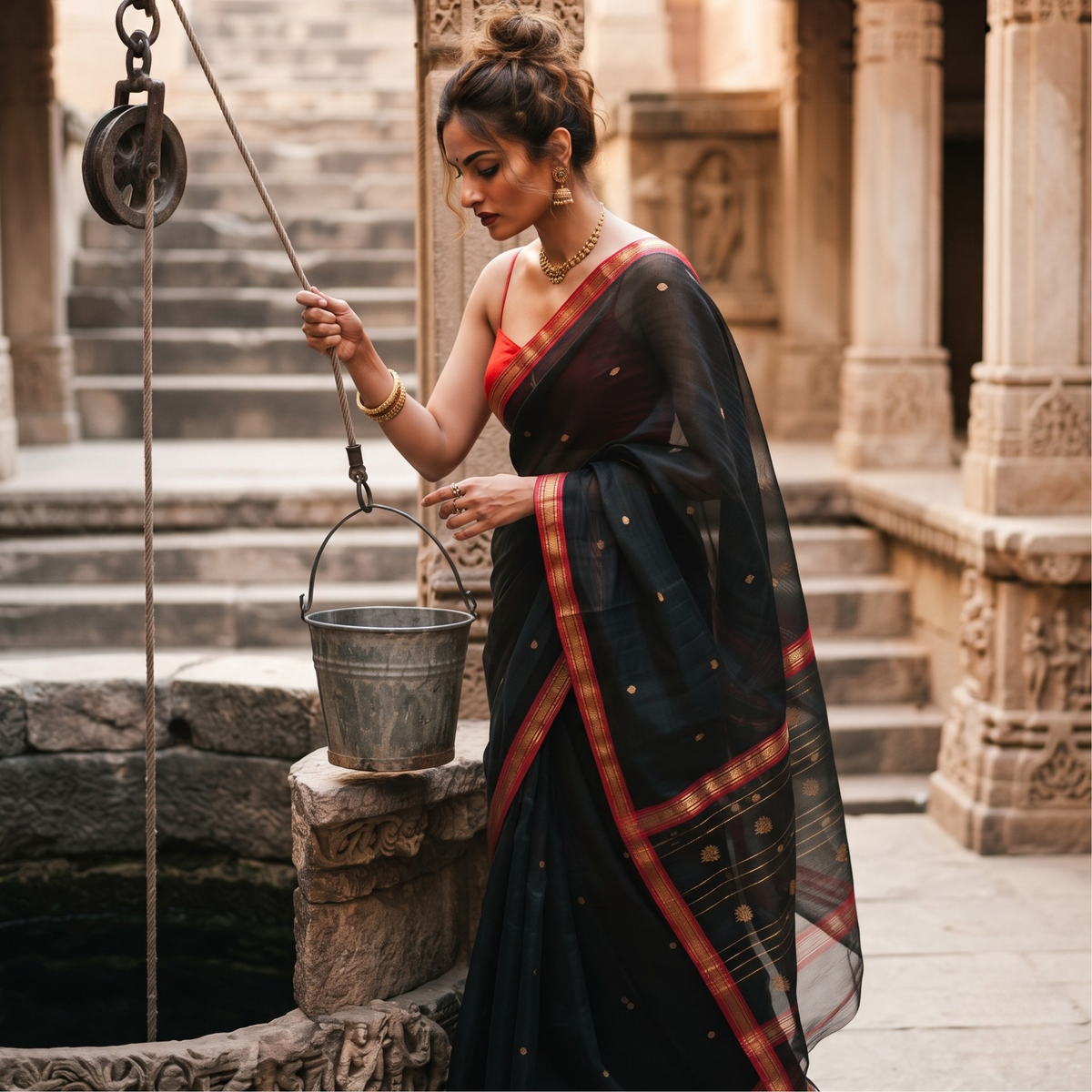 Black Katan Silk Chanderi Saree with Red Intricate Border