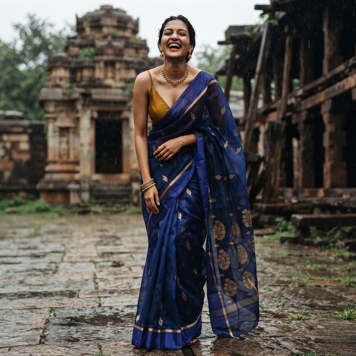 Blue Katan Silk Chanderi Saree with Golden Leaf Motifs & Floral Padar