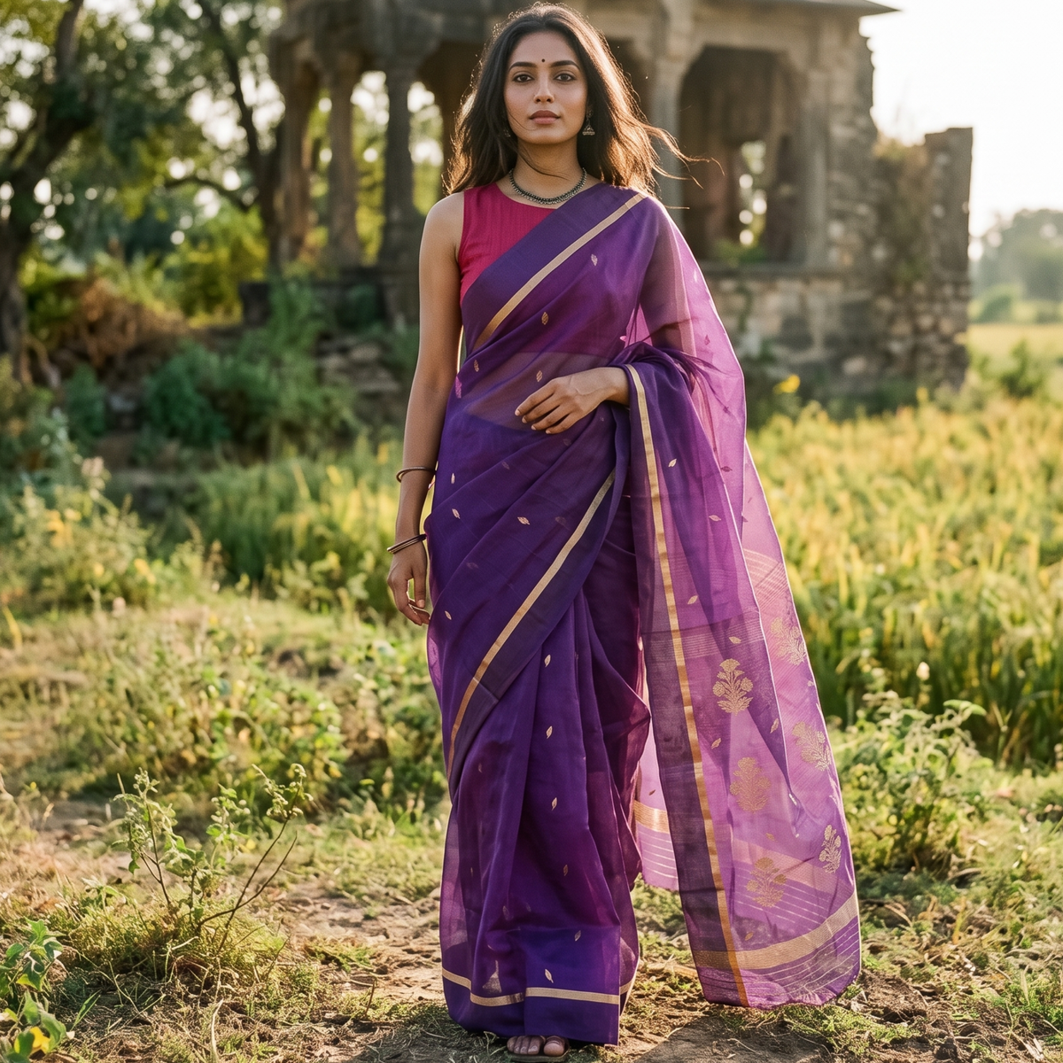 Purple Katan Silk Chanderi Saree with Golden Leaf Motifs & Floral Padar