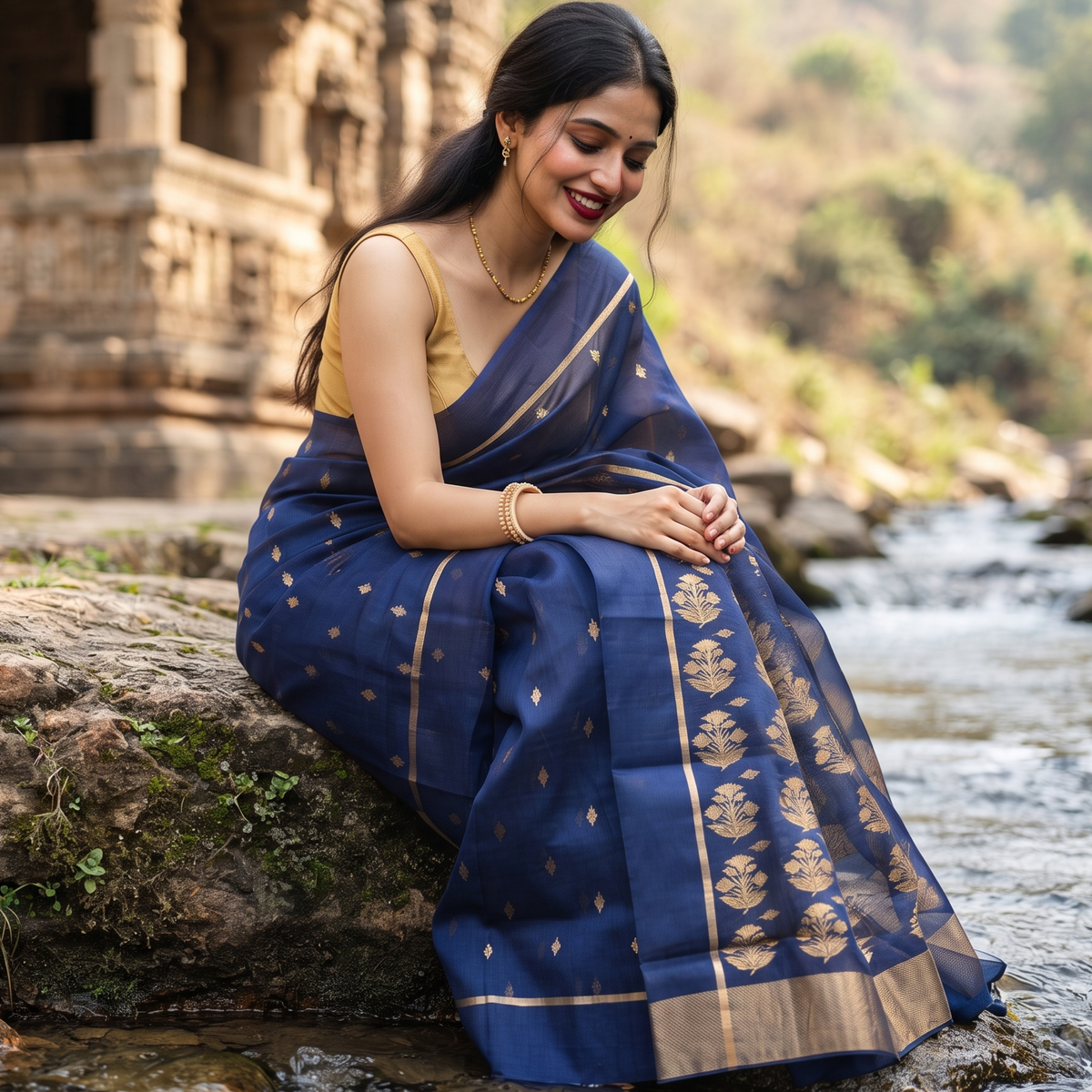 Blue Katan Silk Chanderi Saree with Golden Leaf Motifs & Floral Padar