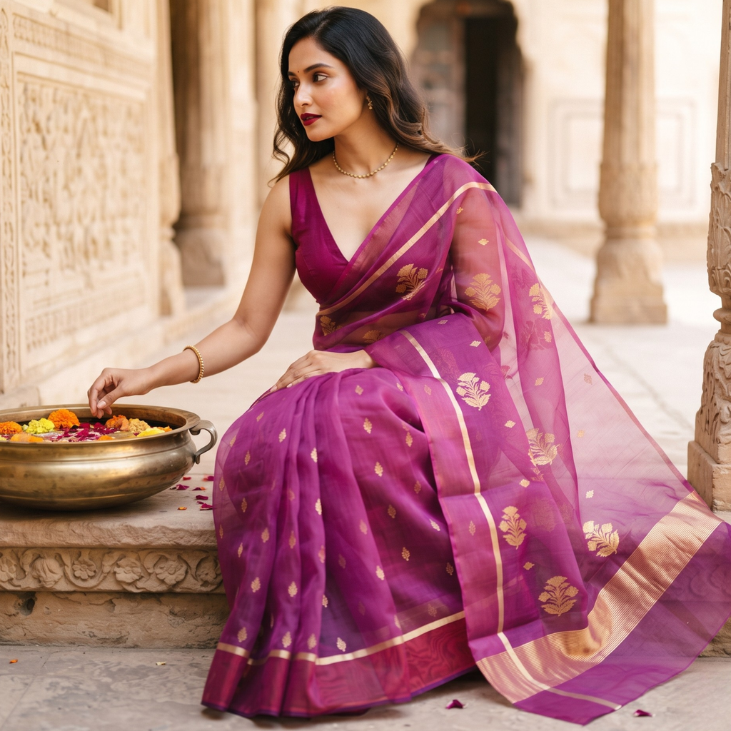 Reddish Purple Katan Silk Chanderi Saree with Golden Leaf Motifs & Floral Padar