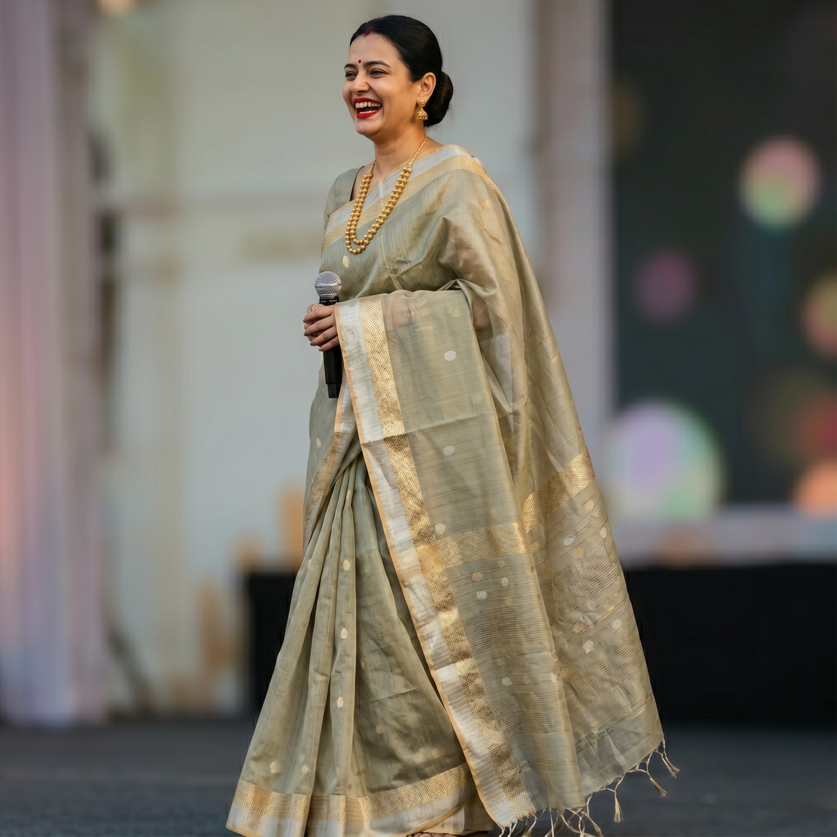 Beige Silk Tissue Maheshwari Saree with Silver-Gold Buttis