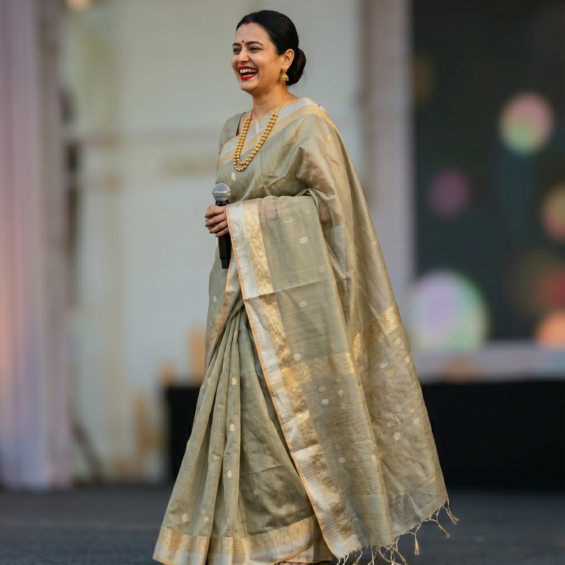 Beige Silk Tissue Maheshwari Saree with Silver-Gold Buttis
