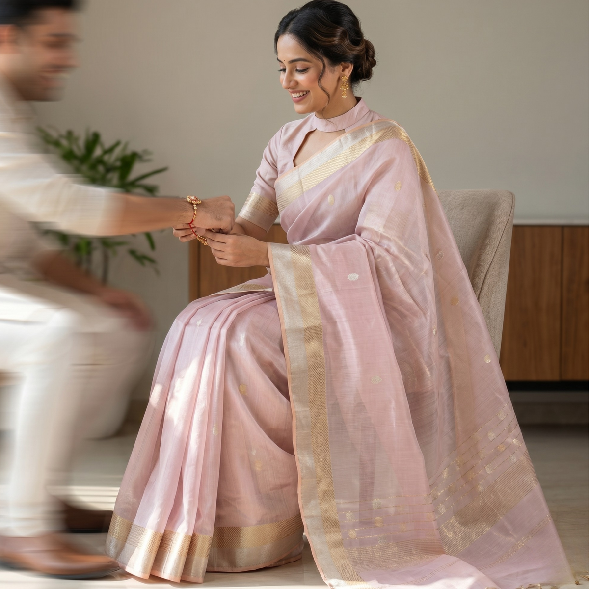 Mauve Silk Tissue Maheshwari Saree with Silver-Gold Buttis
