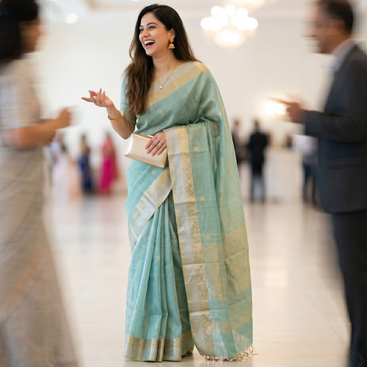 Green Silk Tissue Maheshwari Saree with Silver-Gold Buttis
