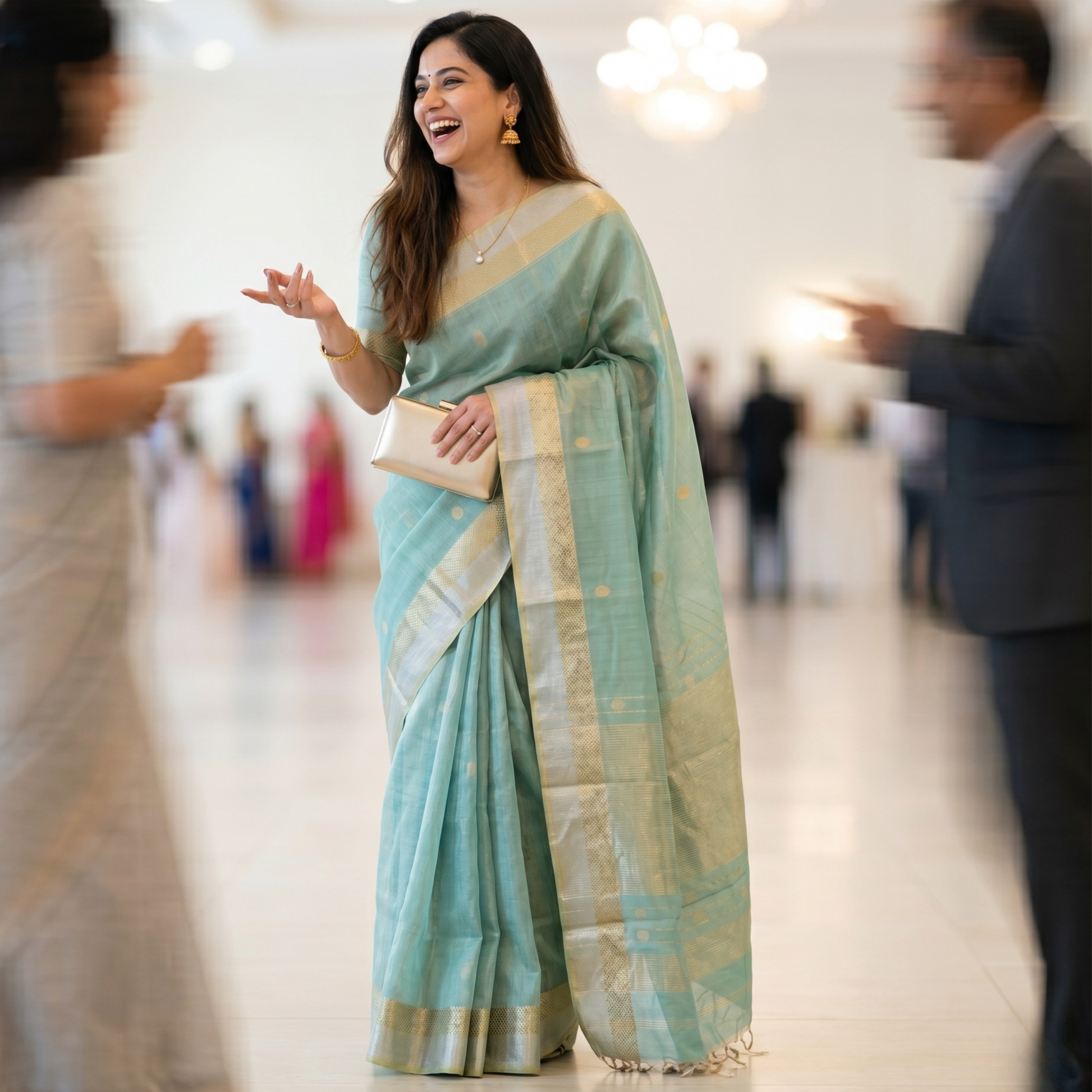 Green Silk Tissue Maheshwari Saree with Silver-Gold Buttis