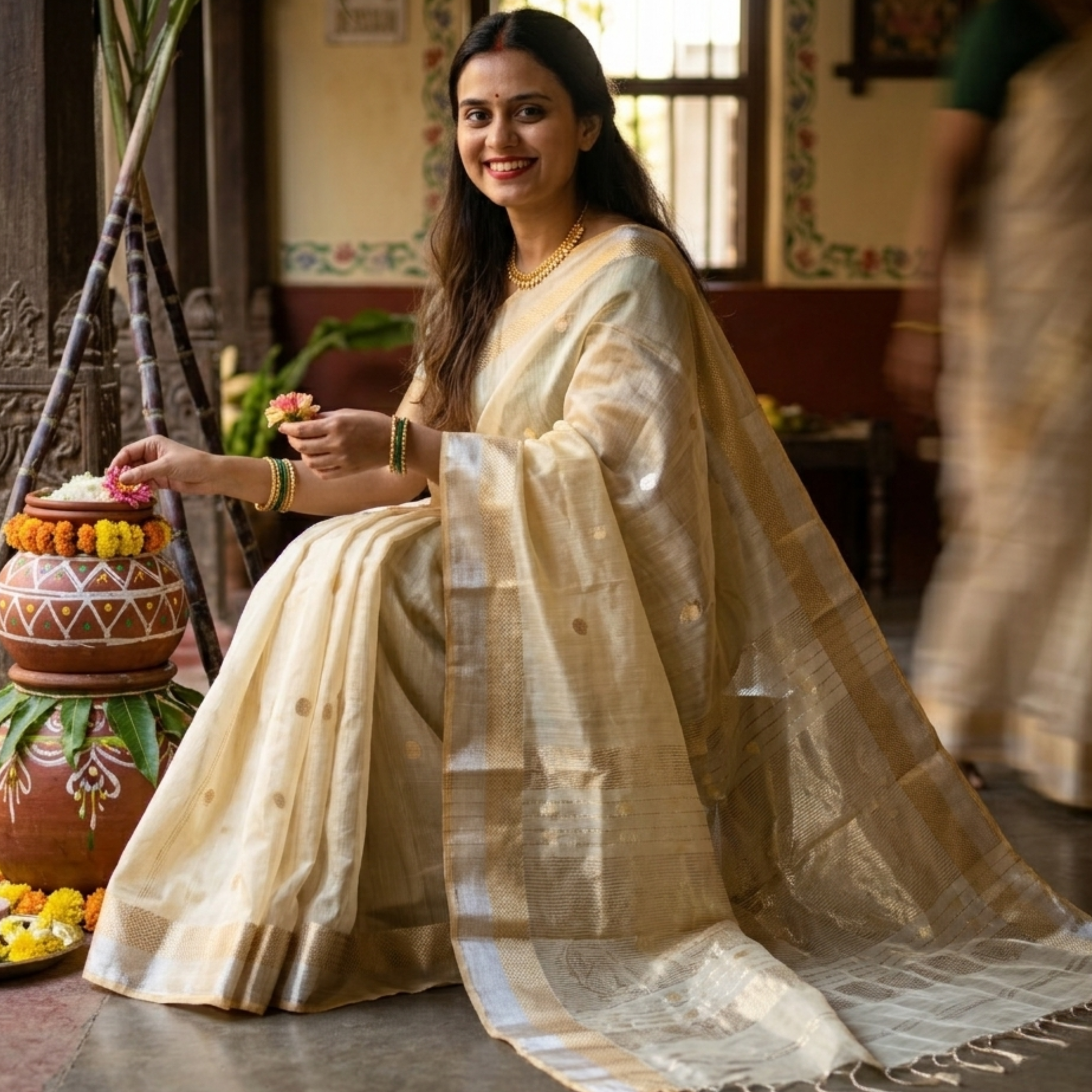 Light Yellow Silk Tissue Maheshwari Saree with Silver-Gold Buttis