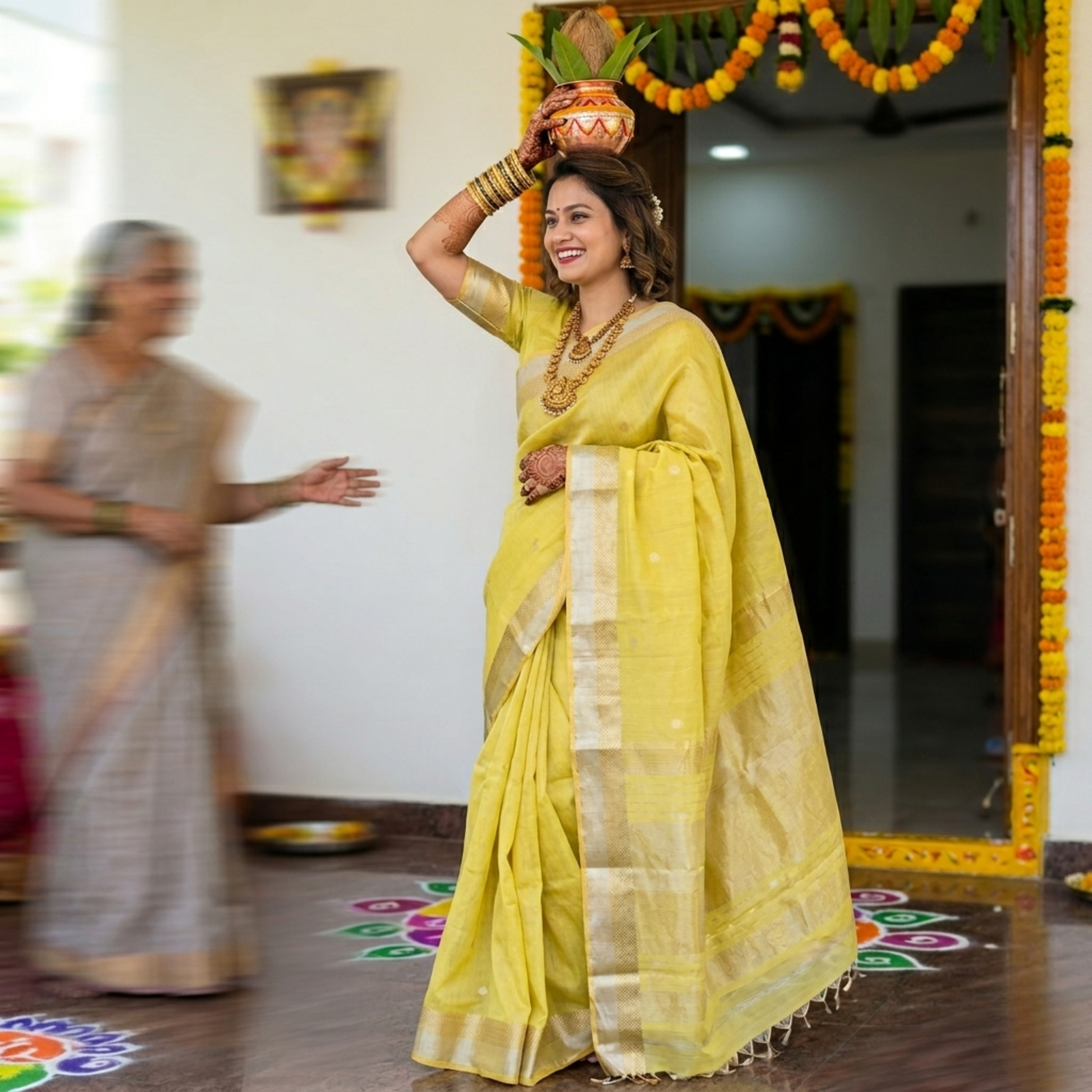 Yellow Silk Tissue Maheshwari Saree with Silver-Gold Buttis