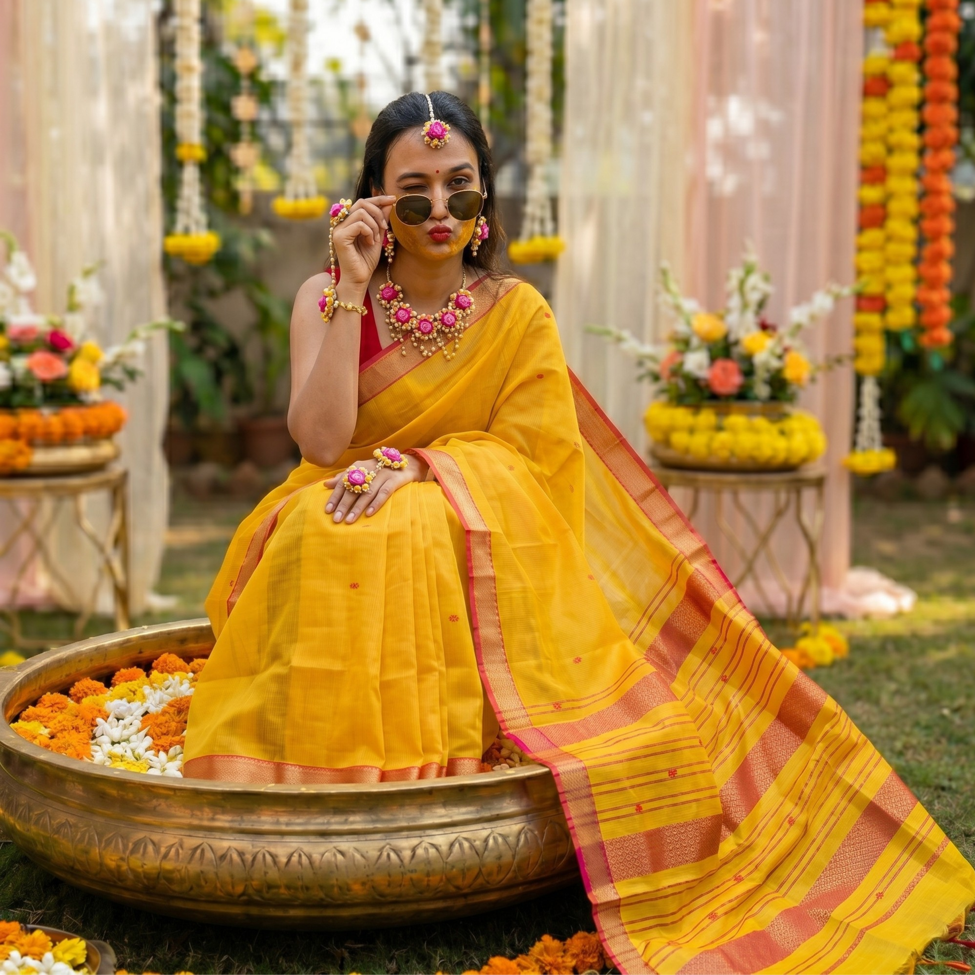 Garbh Reshmi with Butti Haldi Yellow Maheshwari Handloom Saree