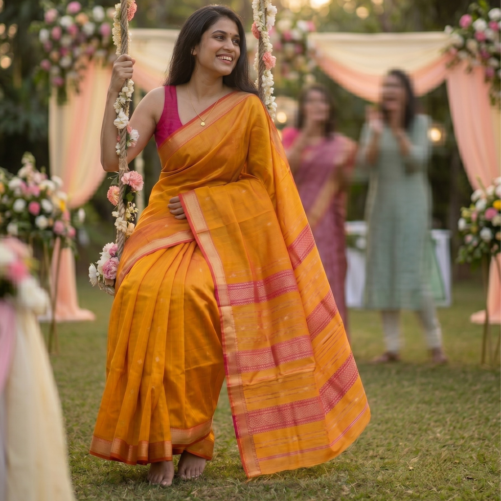 Garbh Reshmi with Butti Bright Orange Maheshwari Handloom Saree