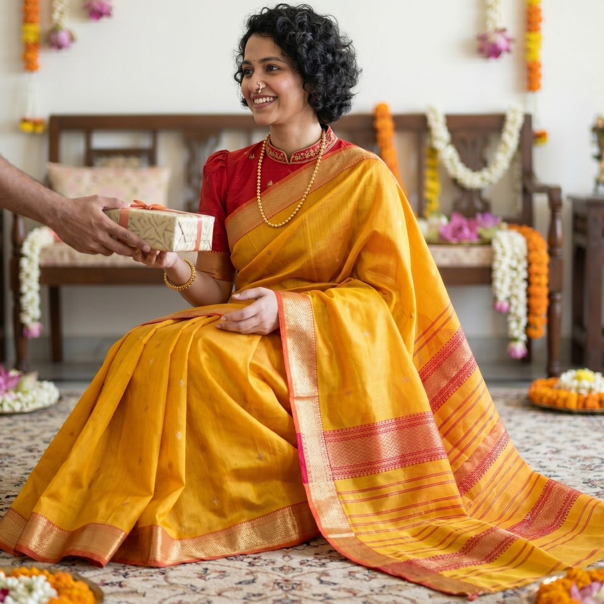 Garbh Reshmi with Butti Golden Yellow Maheshwari Handloom Saree