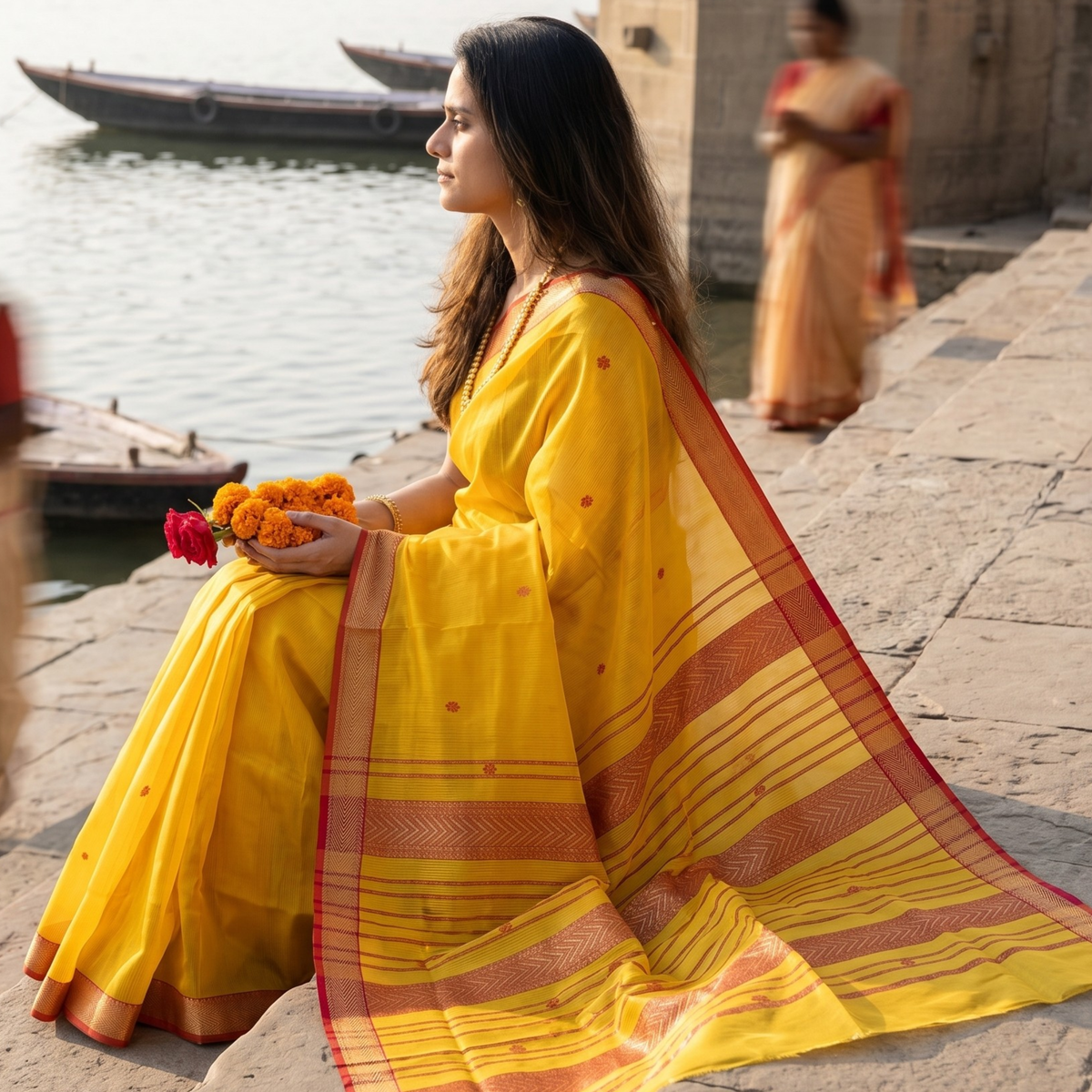 Garbh Reshmi with Butti Light Yellow Maheshwari Handloom Saree
