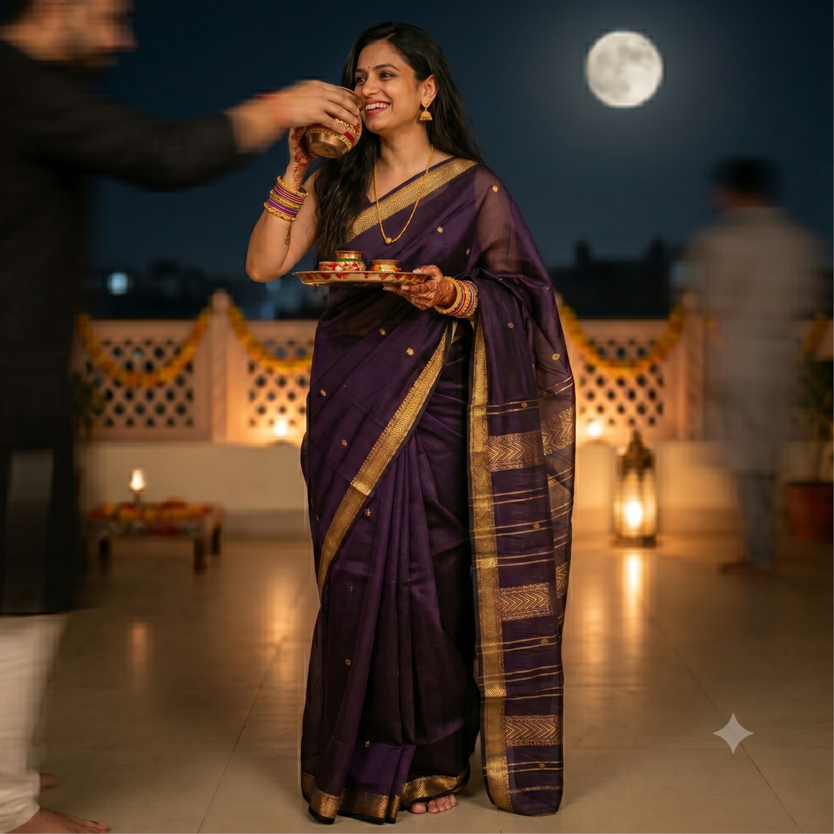 Garbh Reshmi with Butti Purple & Black Maheshwari Handloom Saree