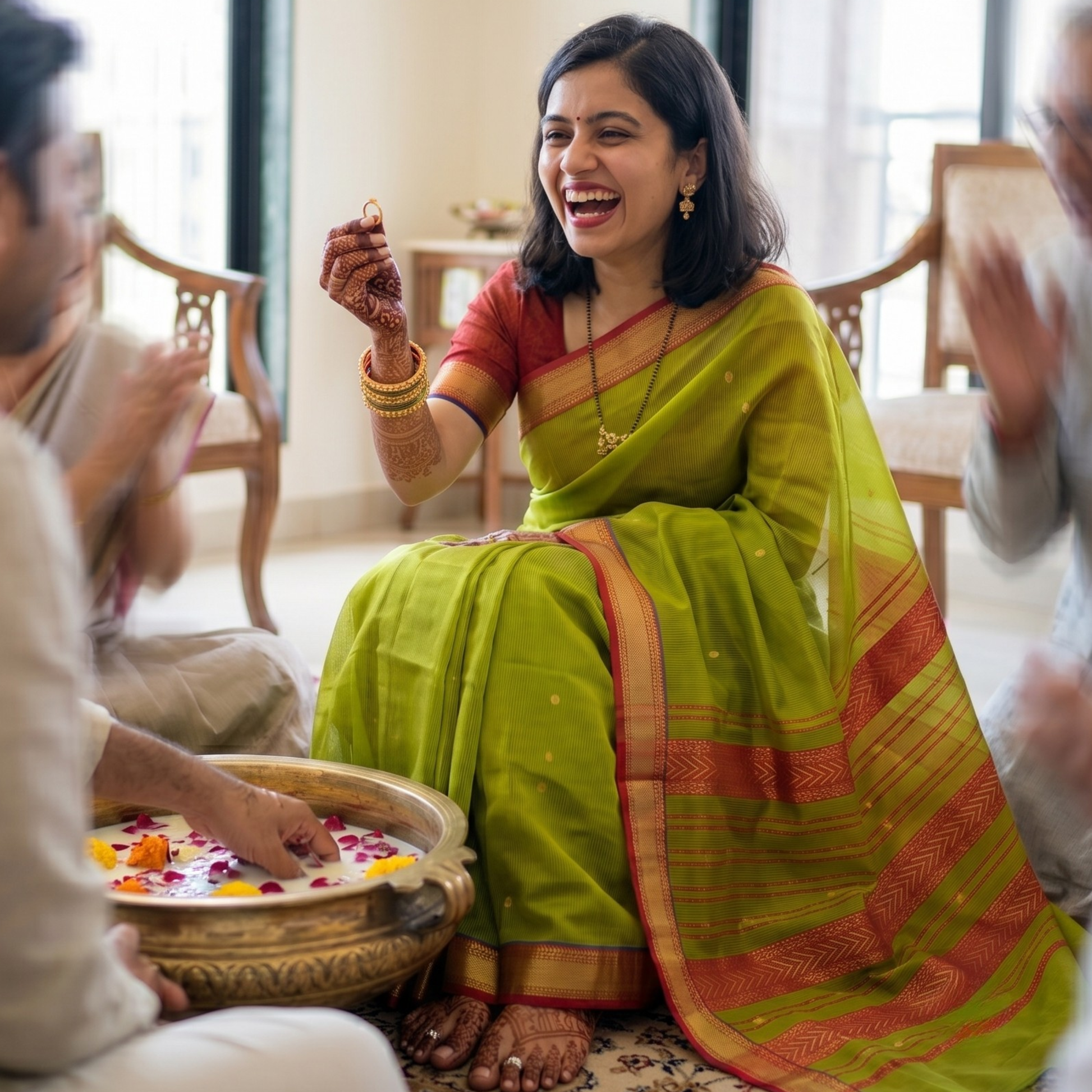 Garbh Reshmi with Butti Parrot Green Maheshwari Handloom Saree