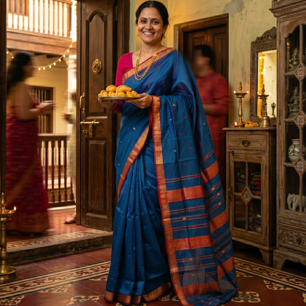 Garbh Reshmi with Butti Blue Maheshwari Handloom Saree