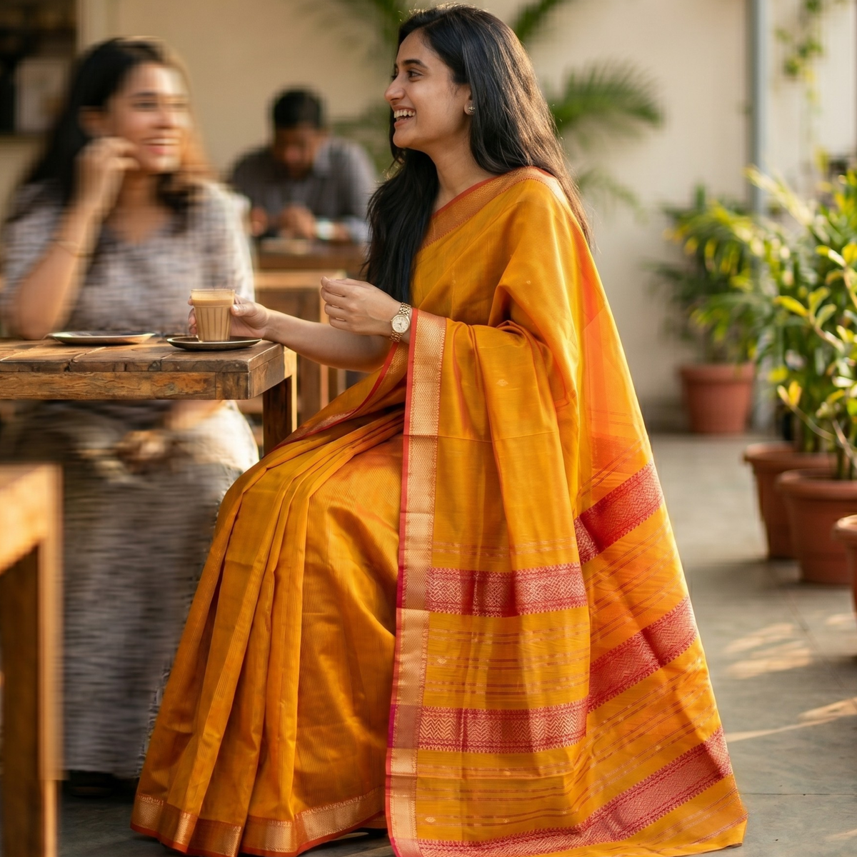Garbh Reshmi with Butti Light Orange Maheshwari Handloom Saree