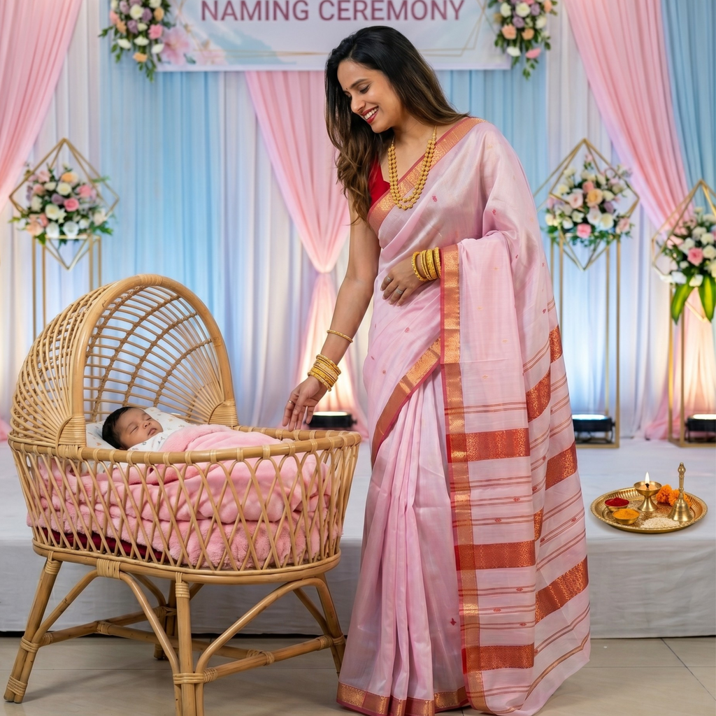 Garbh Reshmi with Butti Baby Pink Maheshwari Handloom Saree