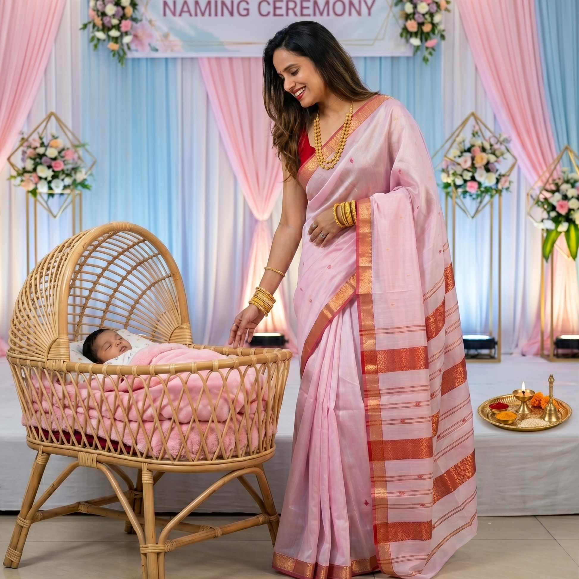 Garbh Reshmi with Butti Baby Pink Maheshwari Handloom Saree