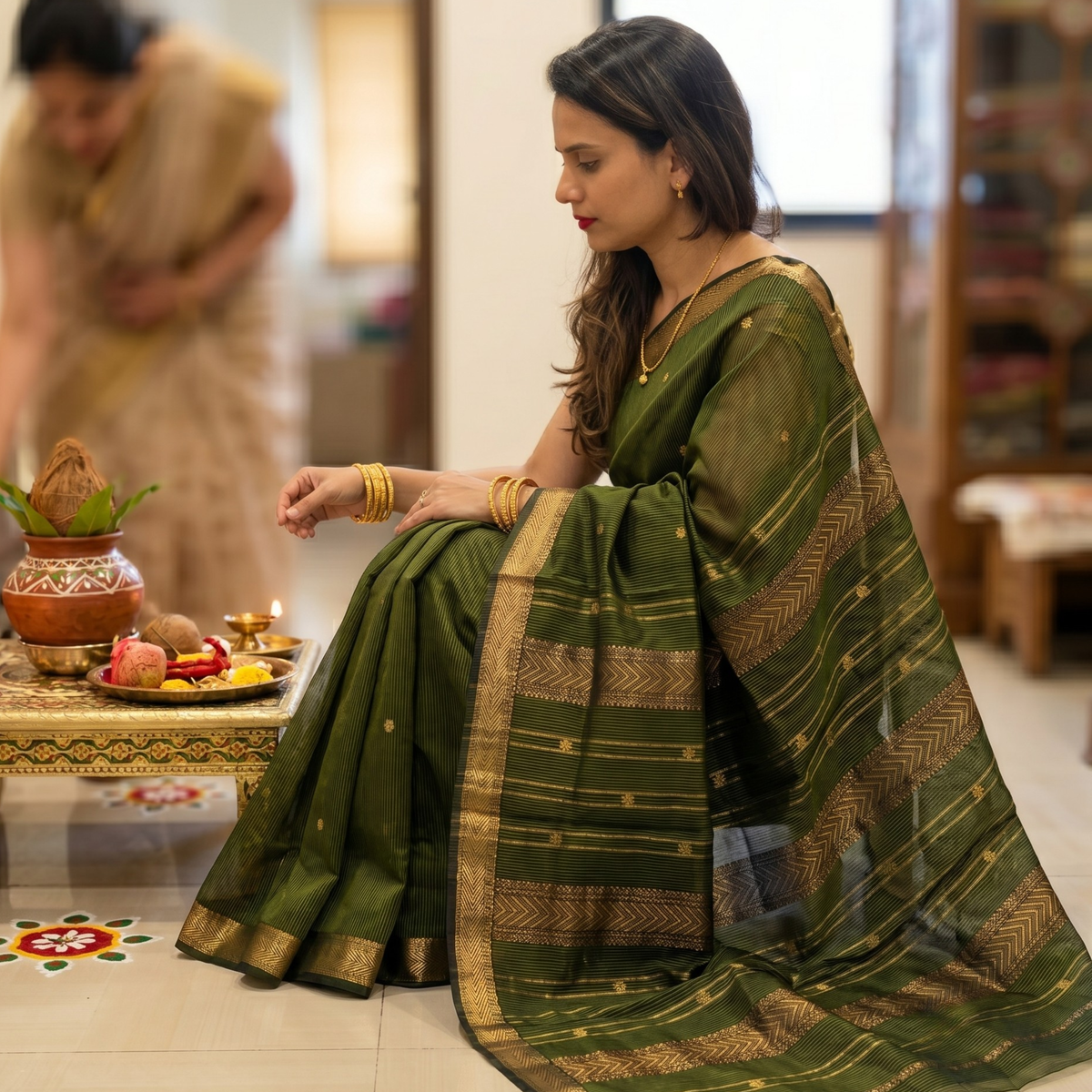 Garbh Reshmi with Butti Olive Green Maheshwari Handloom Saree