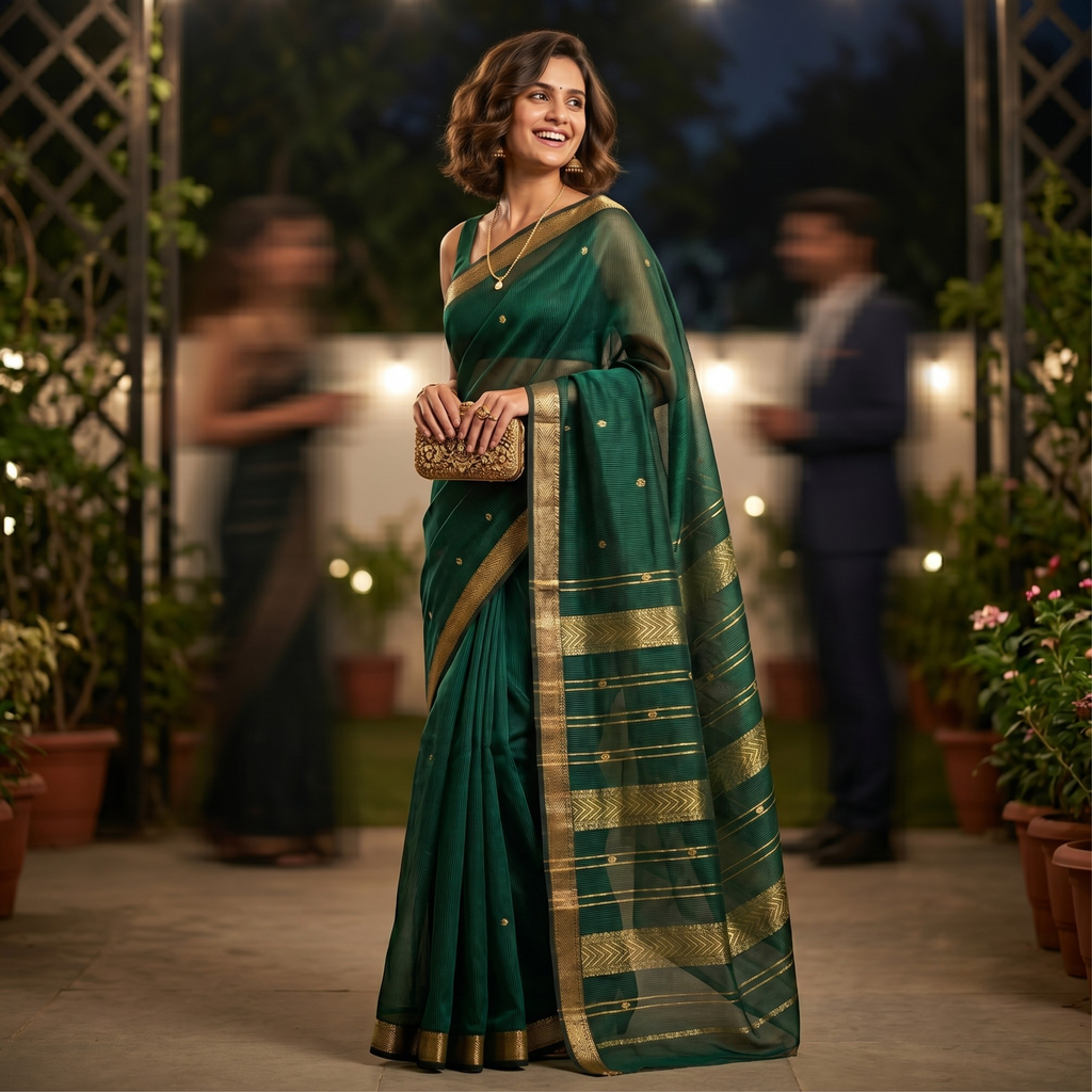 Garbh Reshmi with Butti Bottle Green Maheshwari Handloom Saree