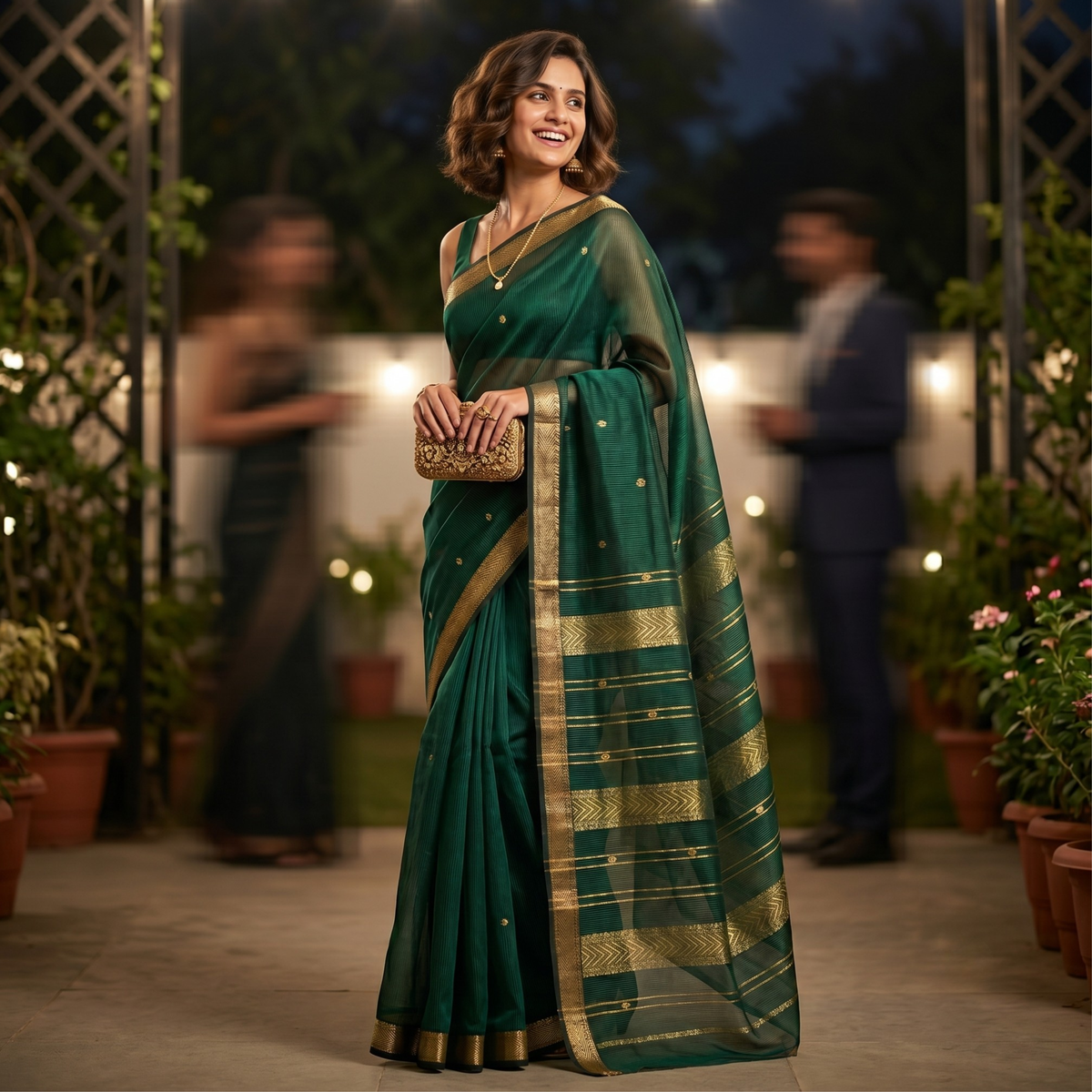 Garbh Reshmi with Butti Bottle Green Maheshwari Handloom Saree