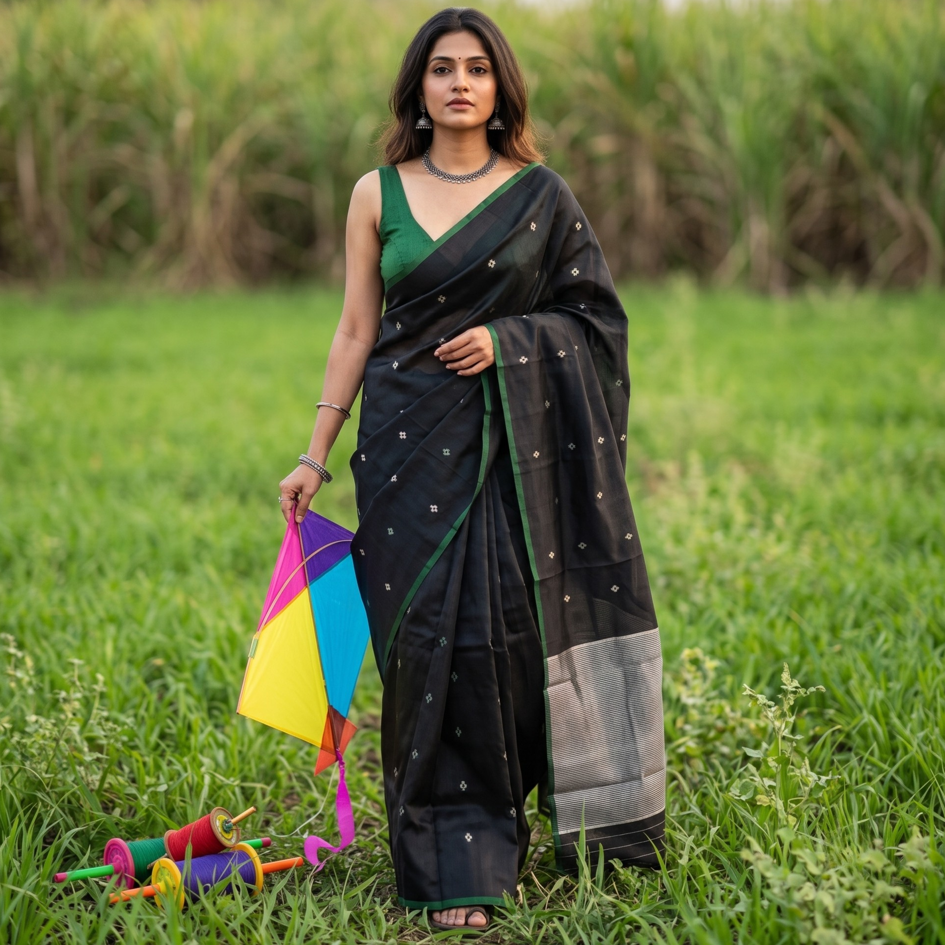 Black Chanderi Pure Silk Saree with Flower Meena Buttis