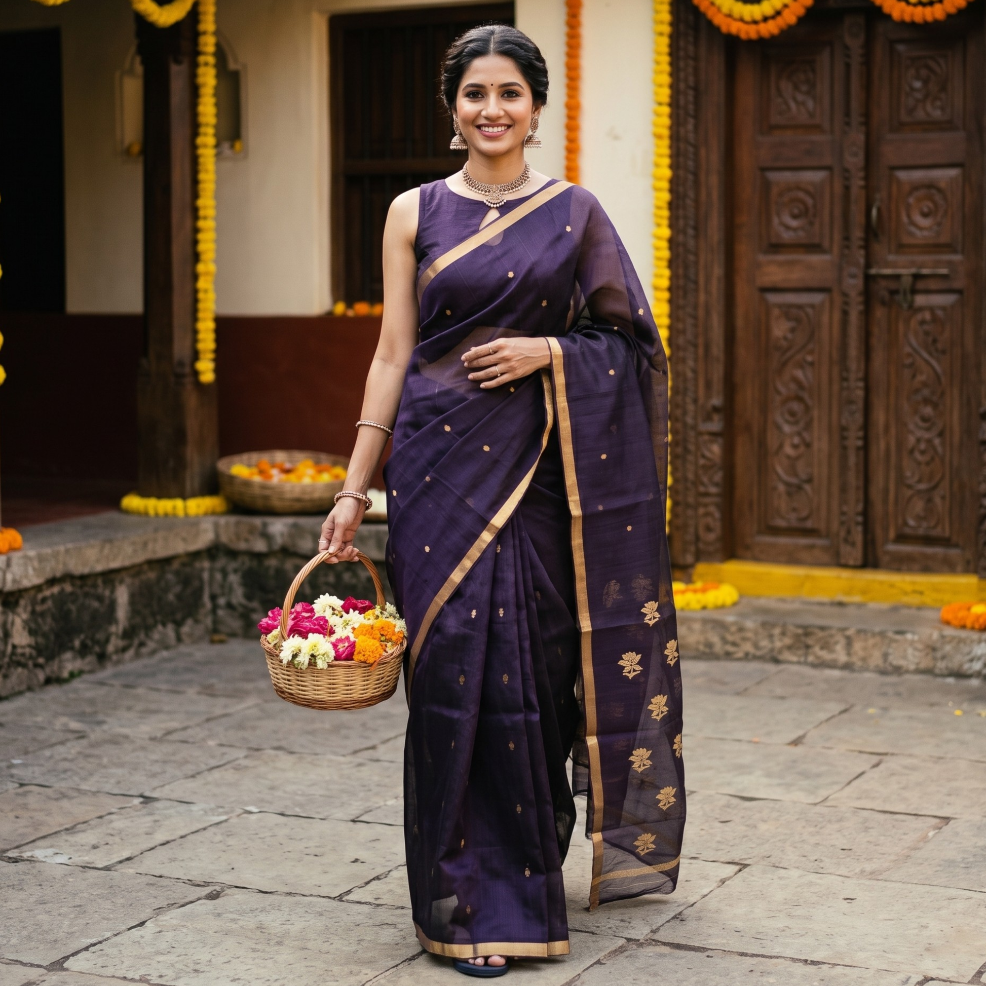 Brown-Purple Dhoop Chhav Katan Silk Chanderi Saree with Floral Buttis