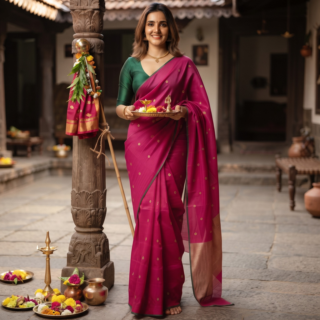 Handloom Hot Pink Pure Silk Chanderi Saree with Floral Buttis
