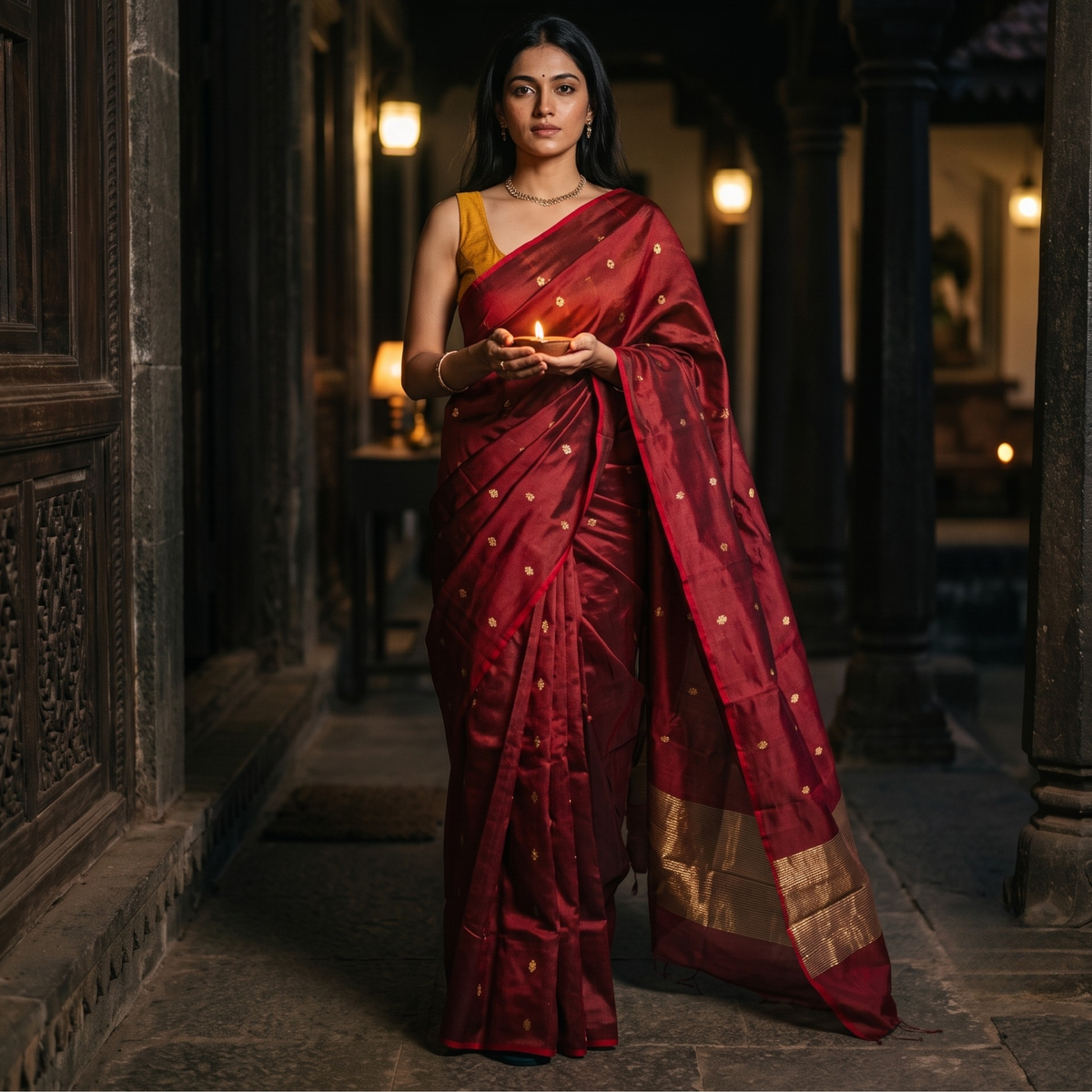 Handloom Maroon Pure Silk Chanderi Saree with Floral Buttis
