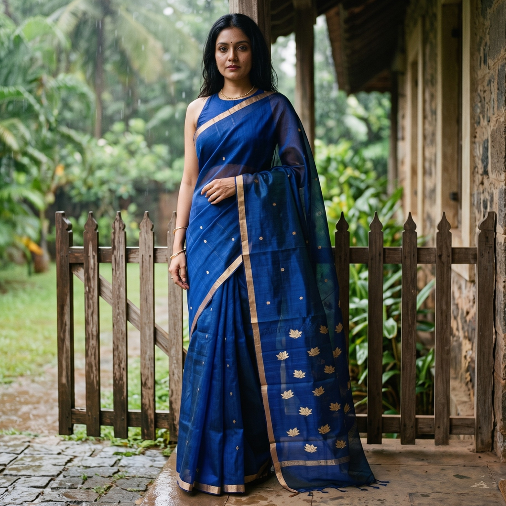 Handloom Morpankhi Katan Silk Chanderi Saree with Golden Floral Buttis