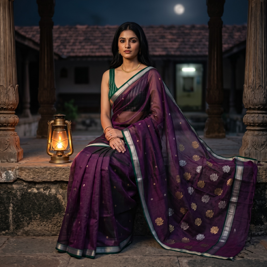 Handloom Purple Katan Silk Chanderi Saree with Silver & Golden Floral Buttis