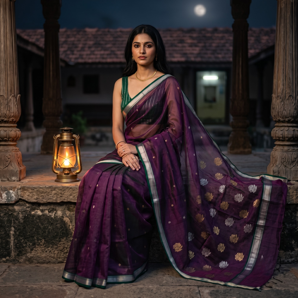Handloom Purple Katan Silk Chanderi Saree with Silver & Golden Floral Buttis
