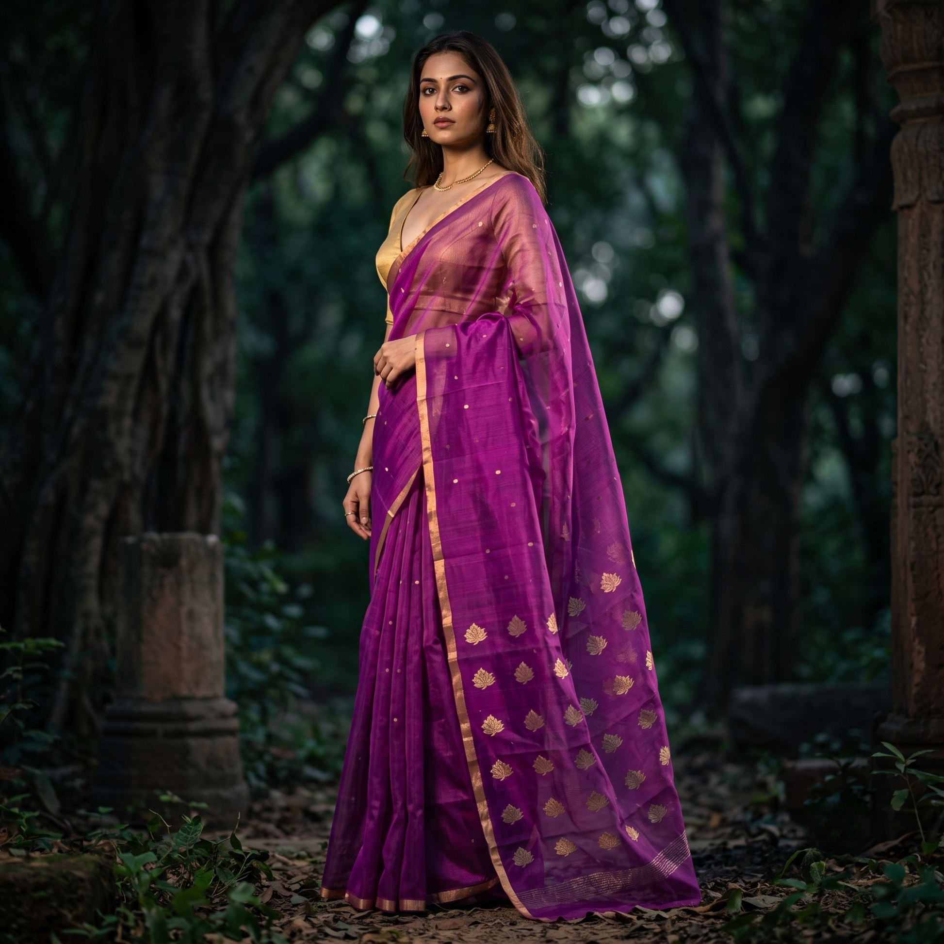 Handloom Purple Katan Silk Chanderi Saree with Floral Pallu
