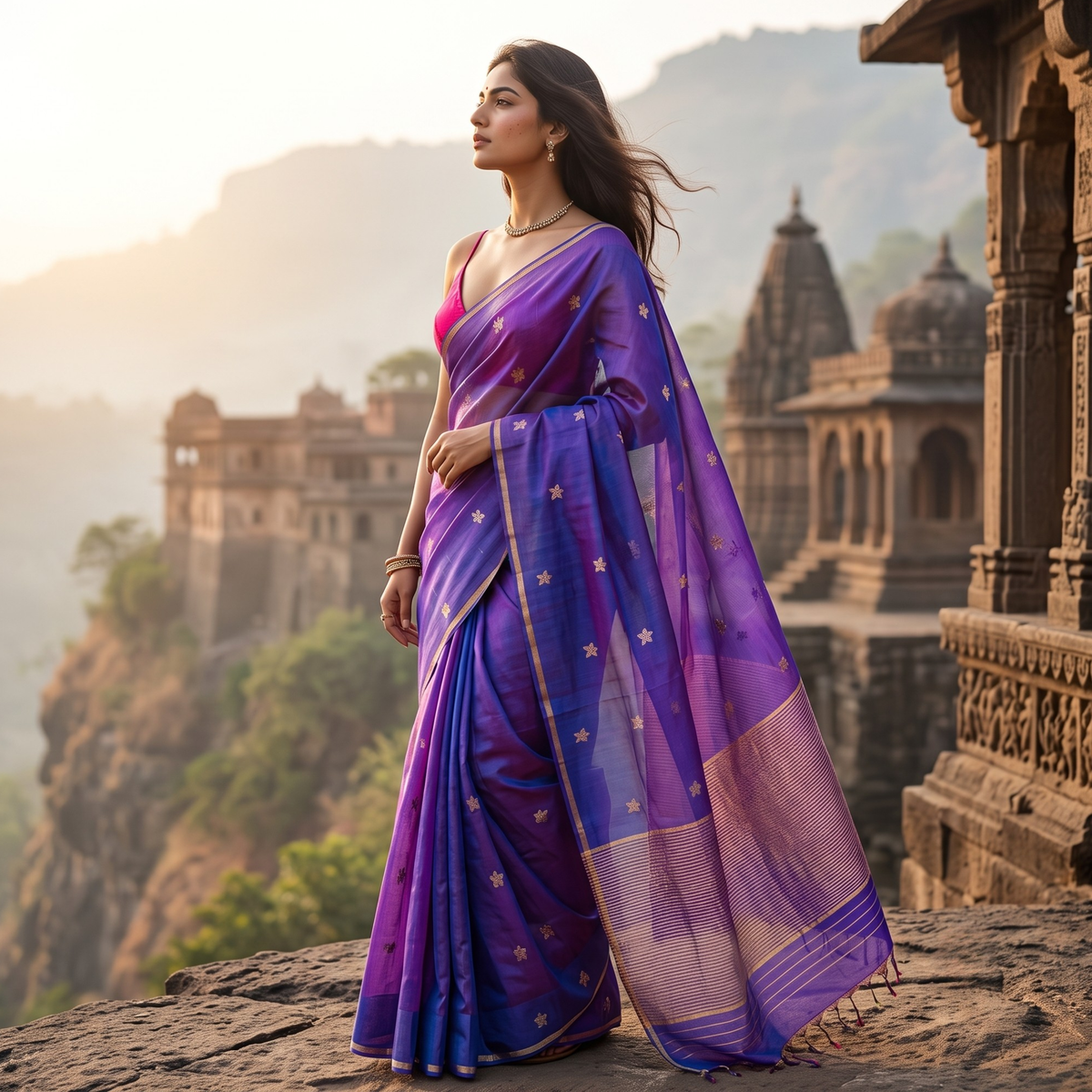 Purple Pure Silk Chanderi Saree with Golden Flower Buttis & Zari Lines